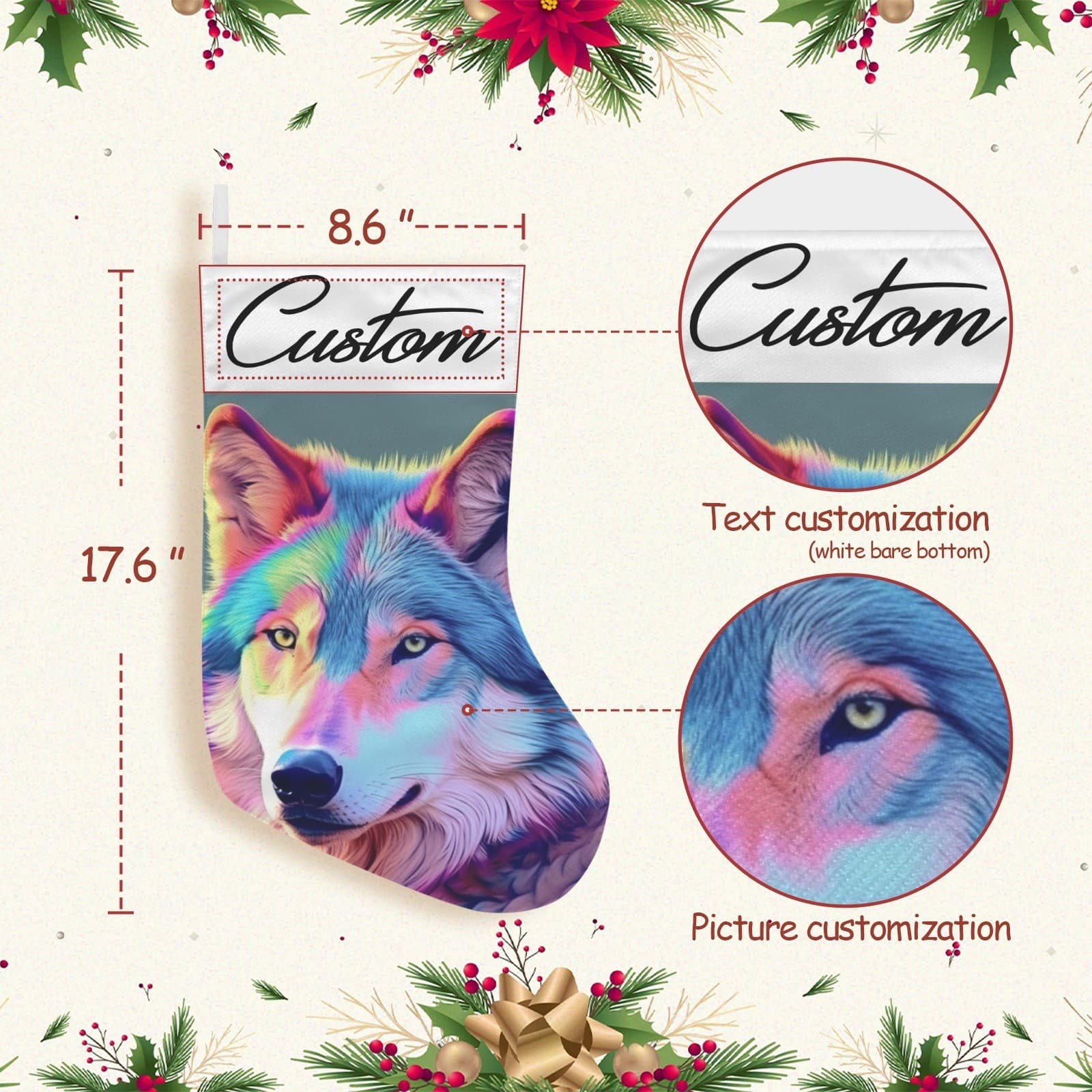 Custom Rainbow Wolf Christmas Stocking – Personalized Vibrant Holiday Fireplace - Thumbnail 4