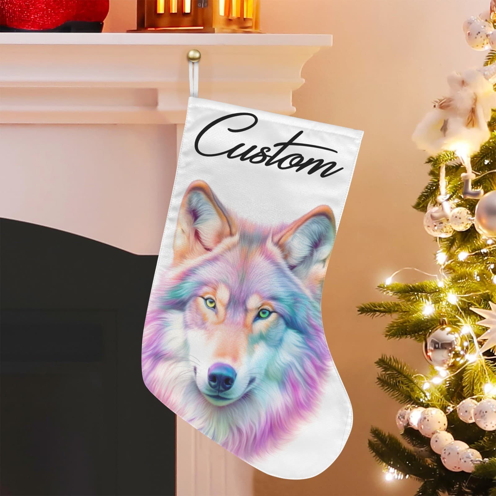 Custom Pastel Rainbow Wolf Christmas Stocking Personalized Colorful Holiday Deco - Thumbnail 3