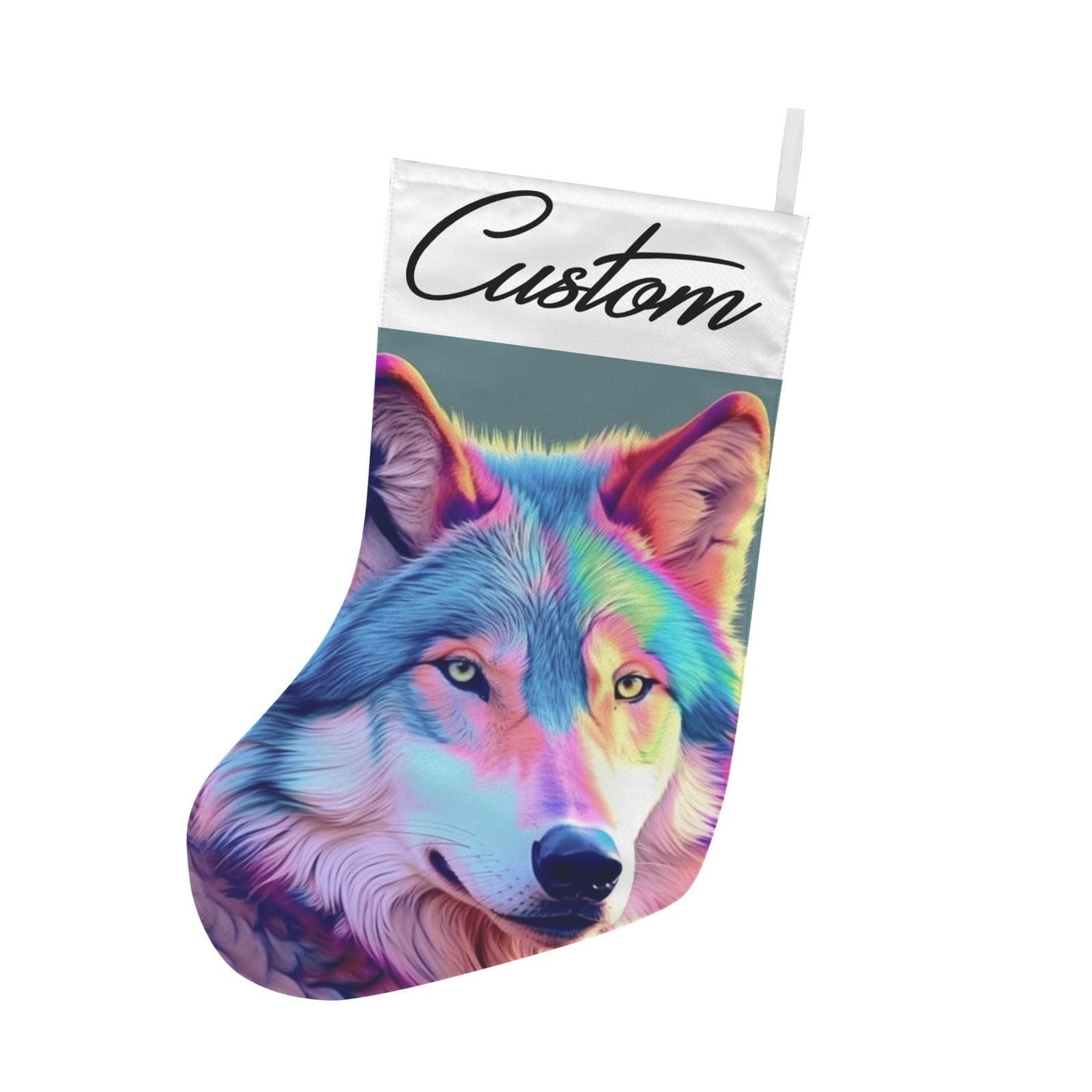 Custom Rainbow Wolf Christmas Stocking – Personalized Vibrant Holiday Fireplace
