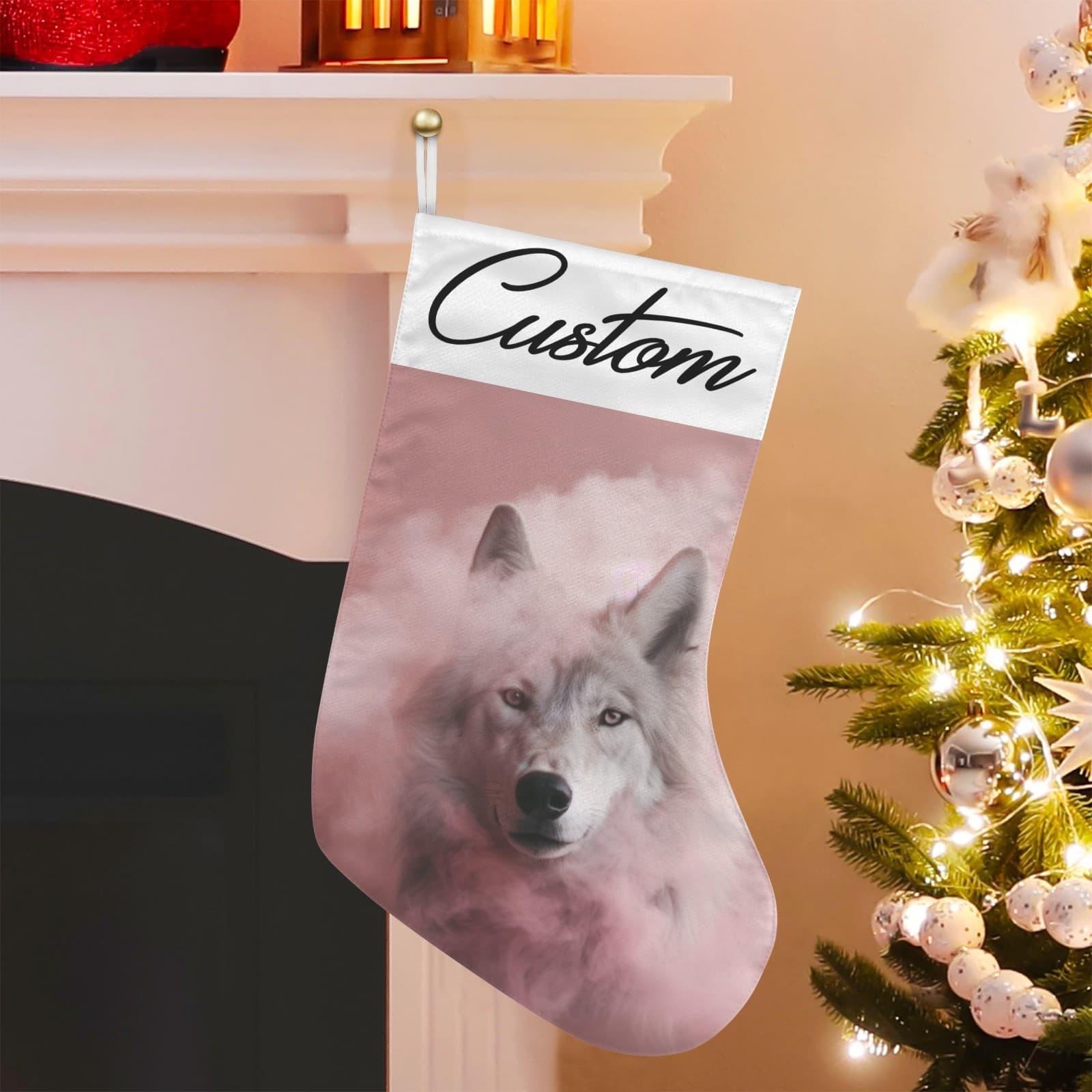 Custom Pink Cloud Wolf Christmas Stocking Personalized White Wolf Holiday Decor - Thumbnail 5