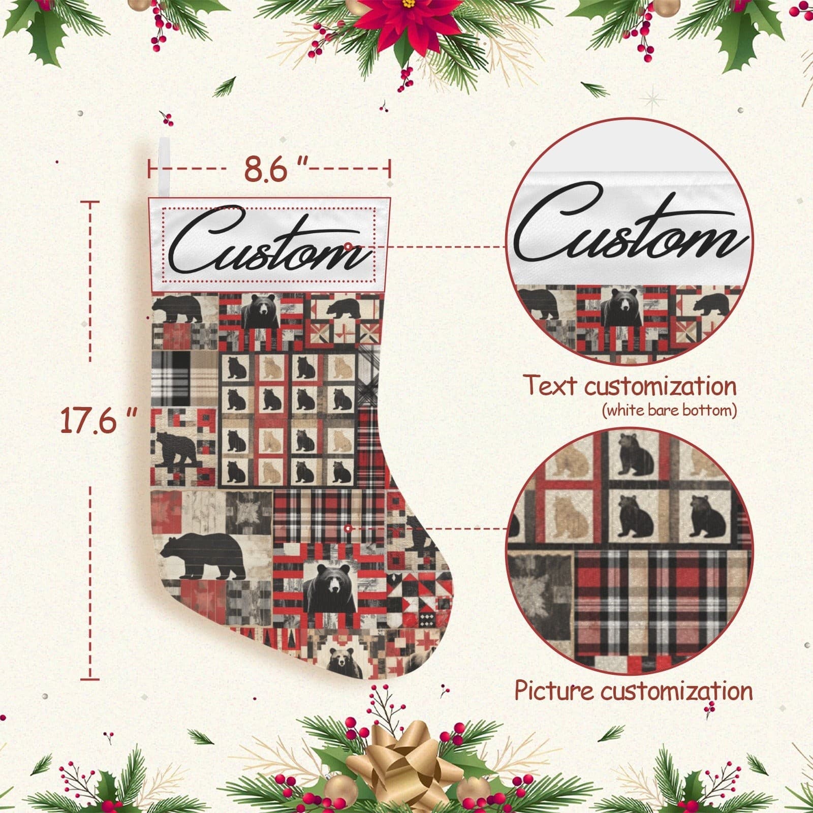 Rustic Bear Christmas Stocking – Personalized Custom Name Stocking, Cabin Lodge - Thumbnail 3