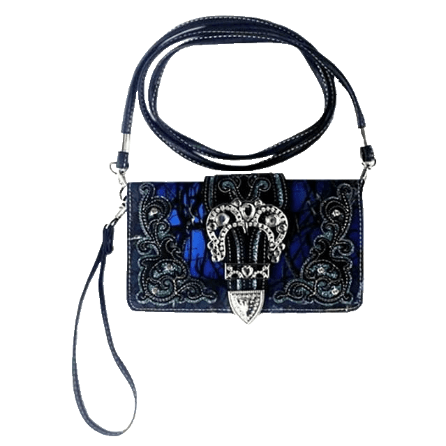 Blue Western Rhinestone Buckle Crossbody/Clutch Wallet Womens