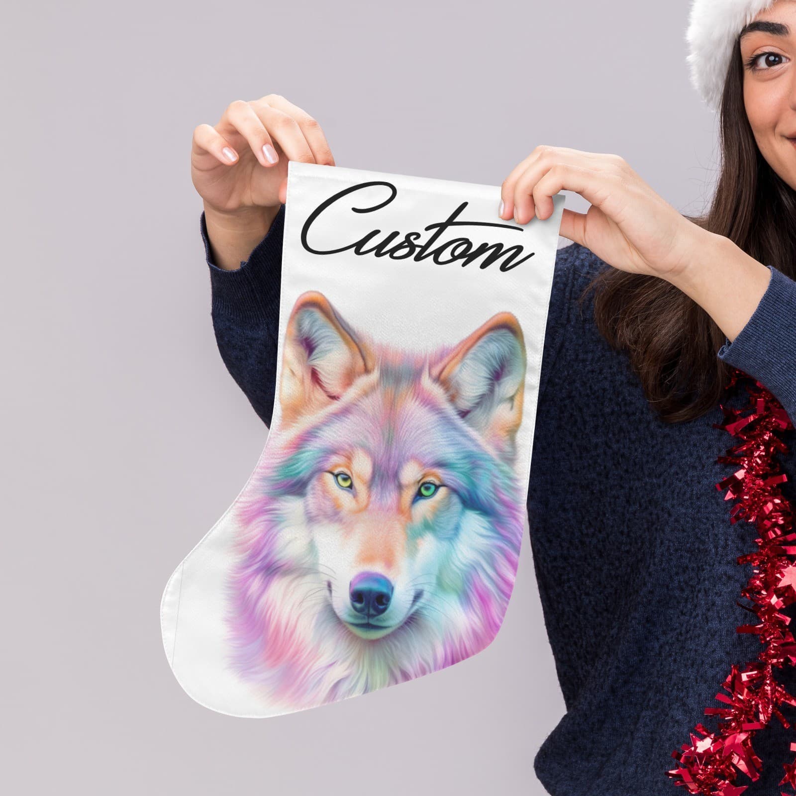 Custom Pastel Rainbow Wolf Christmas Stocking Personalized Colorful Holiday Deco - Thumbnail 4