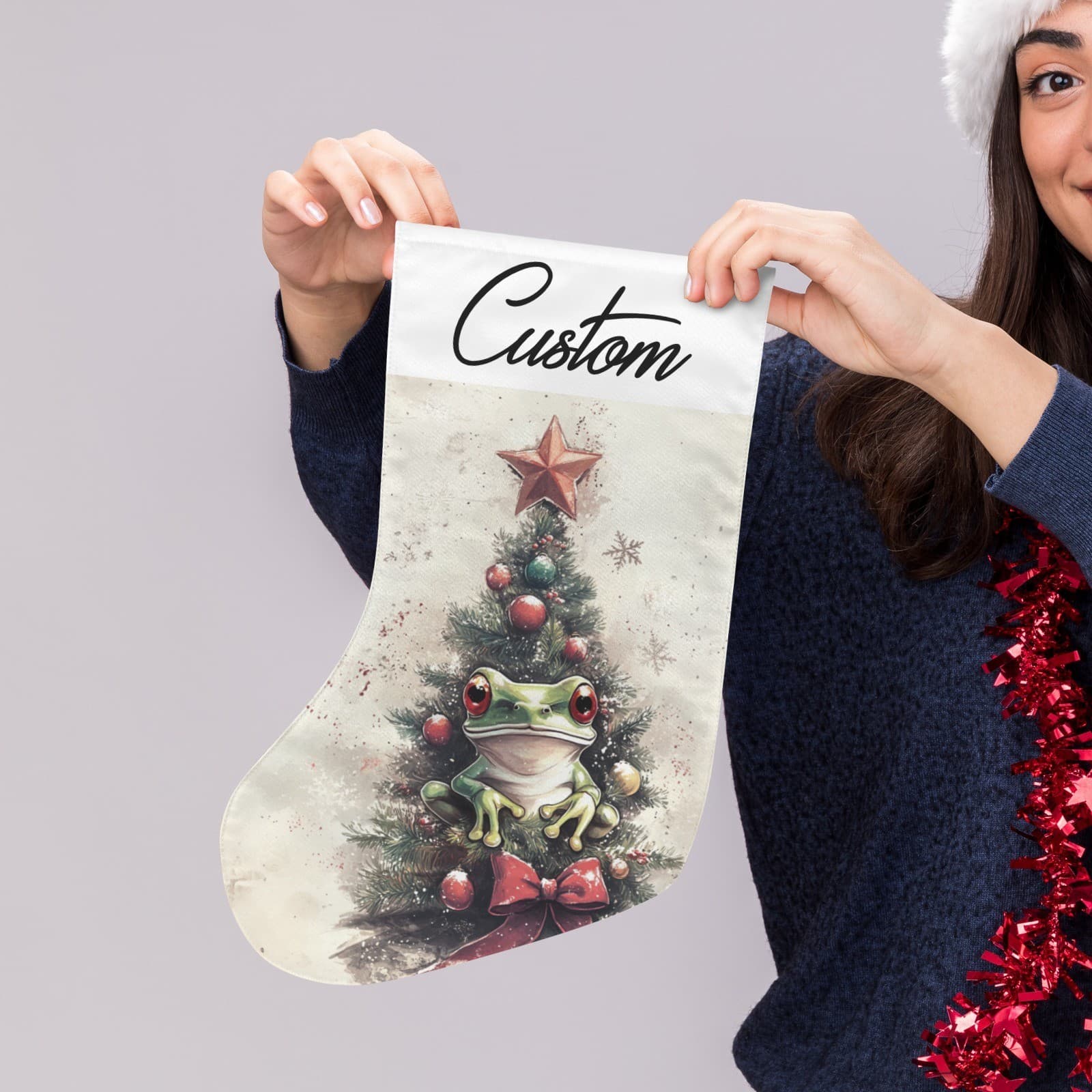 Custom Frog Christmas Stocking – Cute Tree Frog Holiday Decor Gift for Kids & Ad