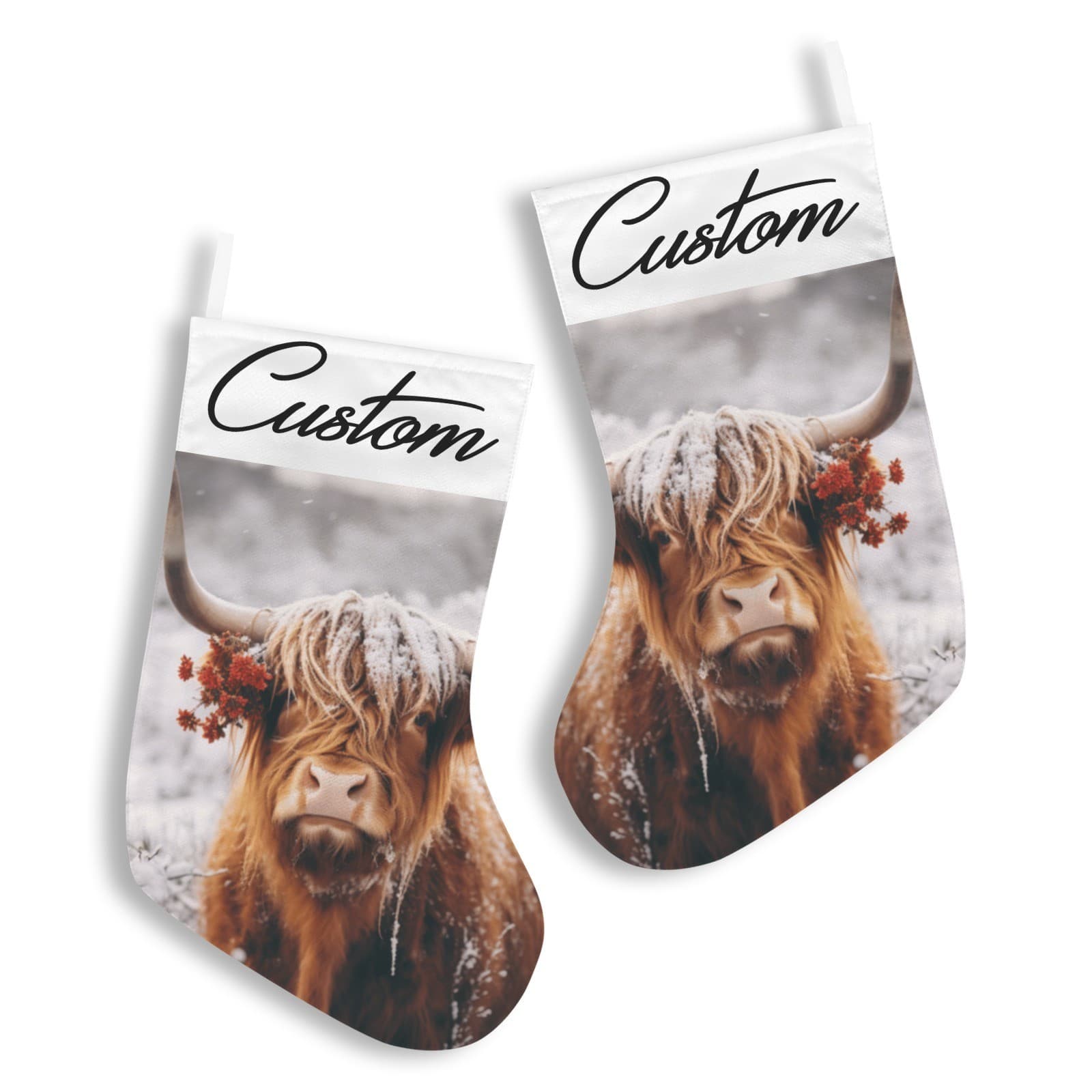 Custom Name Highland Cow Christmas Stocking Snowy Rustic Farmhouse Decor - Thumbnail 3