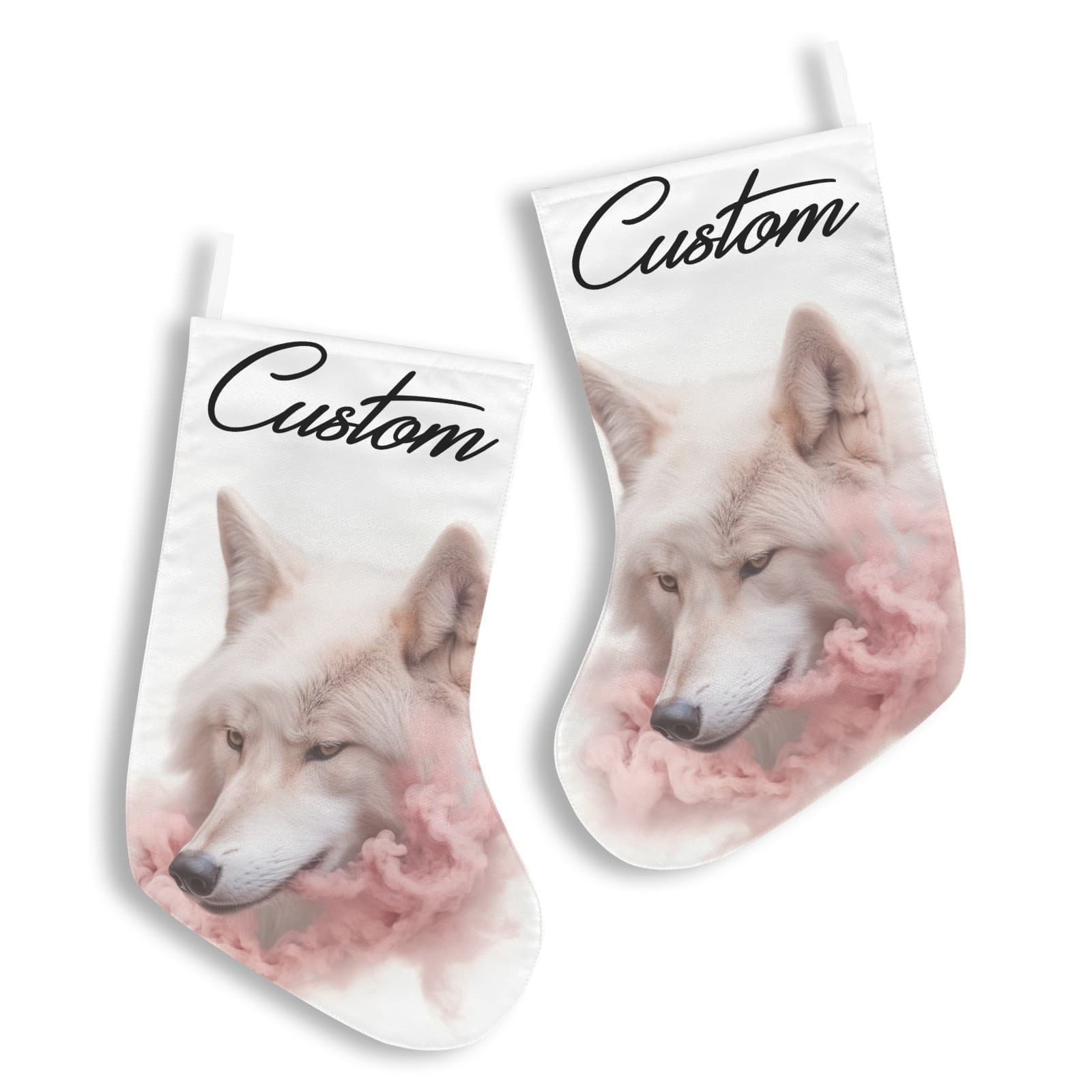 Custom Pink White Wolf Christmas Stocking Personalized Name, Fantasy Wolf Decor - Thumbnail 5