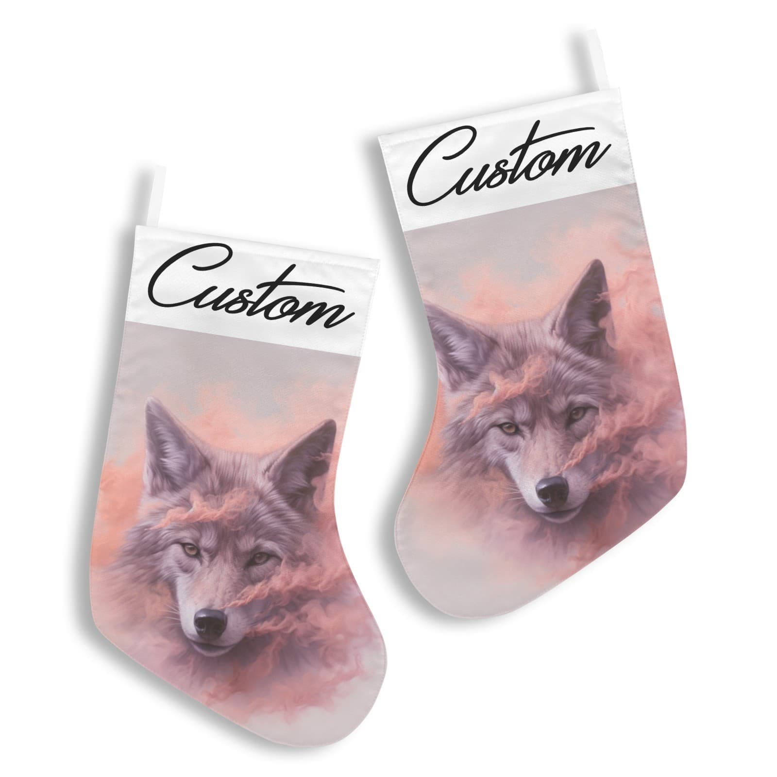 Custom Pink Smoke Wolf Christmas Stocking • Personalized Wolf Decor Gift - Thumbnail 2