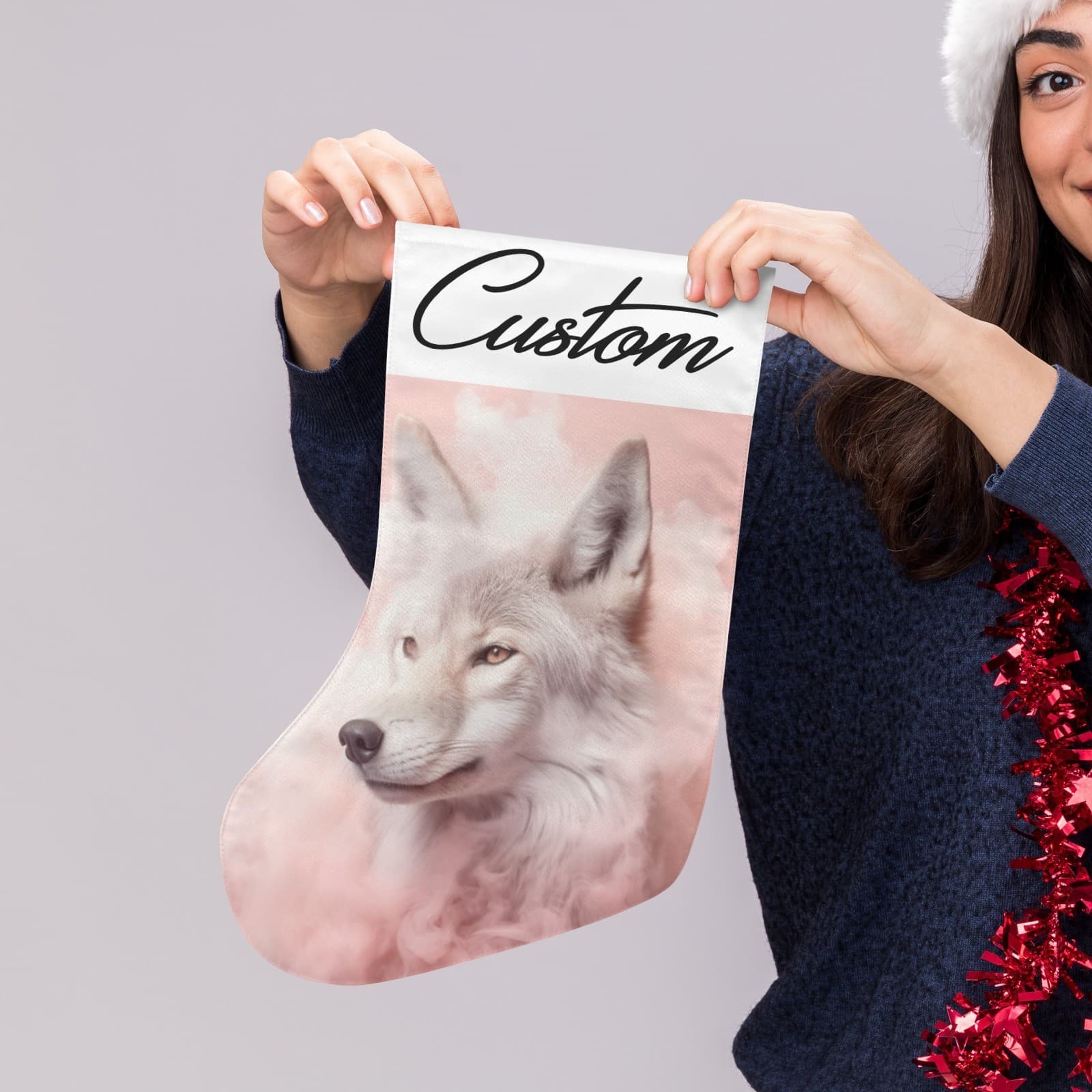 Custom Pink Wolf Christmas Stocking White Wolf in Pink Clouds Personalized Gift - Thumbnail 4