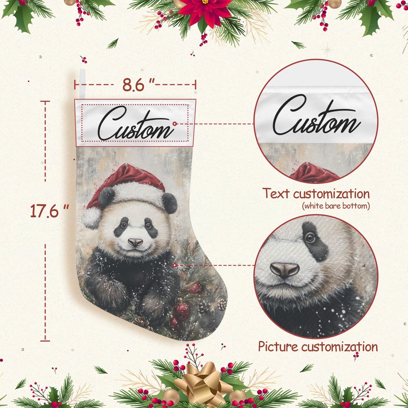Custom Panda Christmas Stocking – Cute Santa Hat Panda Holiday Decor – Gift - Thumbnail 2