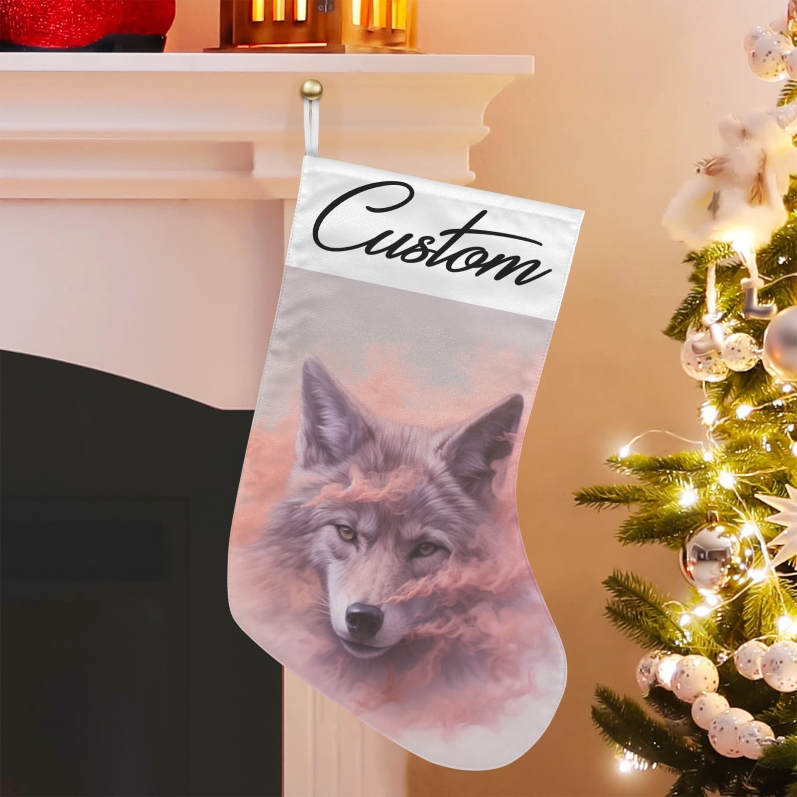 Custom Pink Smoke Wolf Christmas Stocking • Personalized Wolf Decor Gift - Thumbnail 5