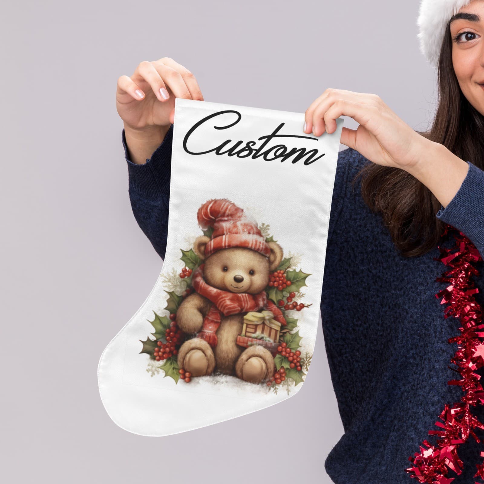 Custom Teddy Bear Christmas Stocking – Personalized Holiday Gift, Cute Winter De - Thumbnail 5