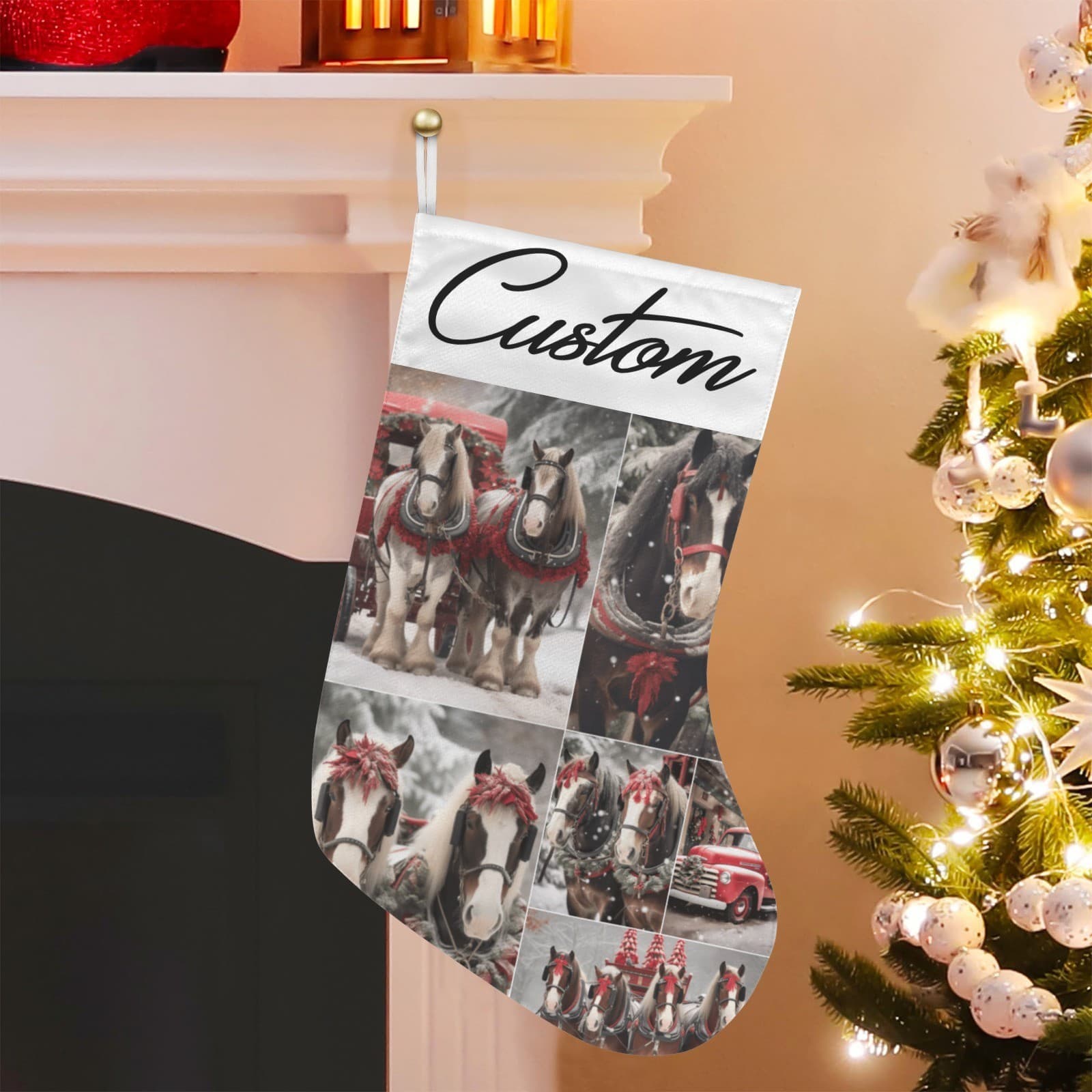 Custom Christmas Stocking – Horse & Sleigh Winter Collage Holiday Decor, Persona - Thumbnail 4