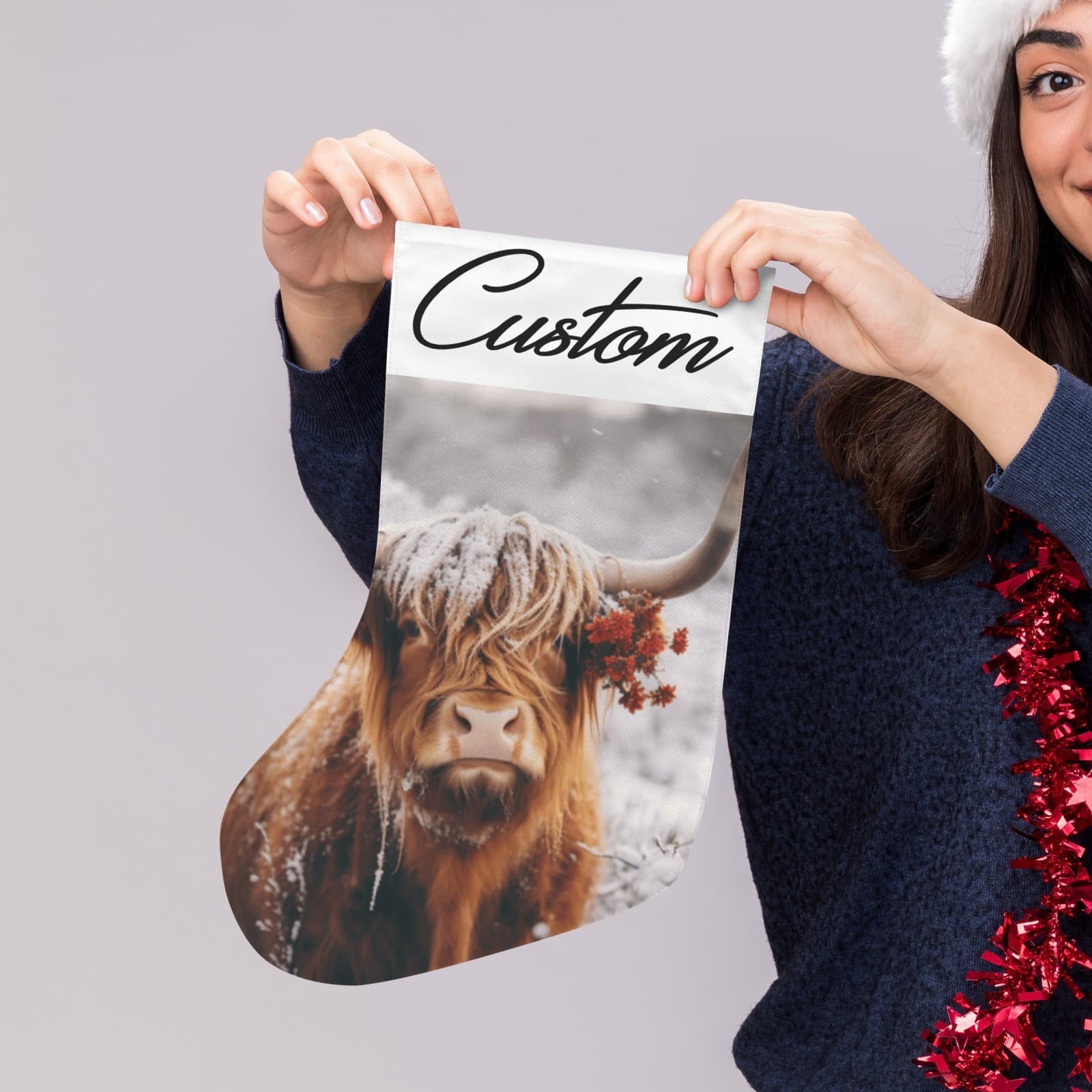 Custom Name Highland Cow Christmas Stocking Snowy Rustic Farmhouse Decor - Thumbnail 5