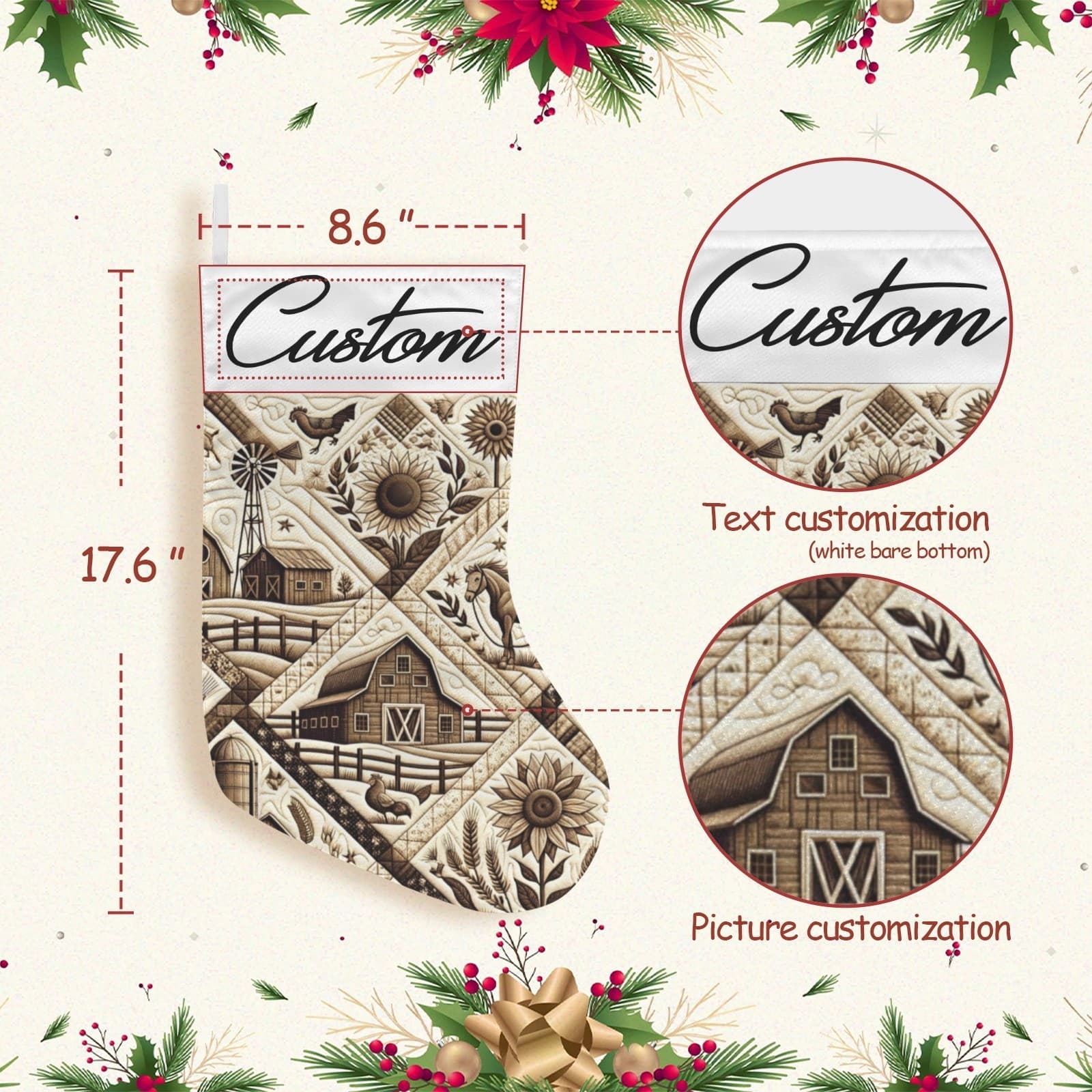 Rustic Quilt Look Polyester Christmas Stocking Personalized Name Holiday Gift - Thumbnail 5