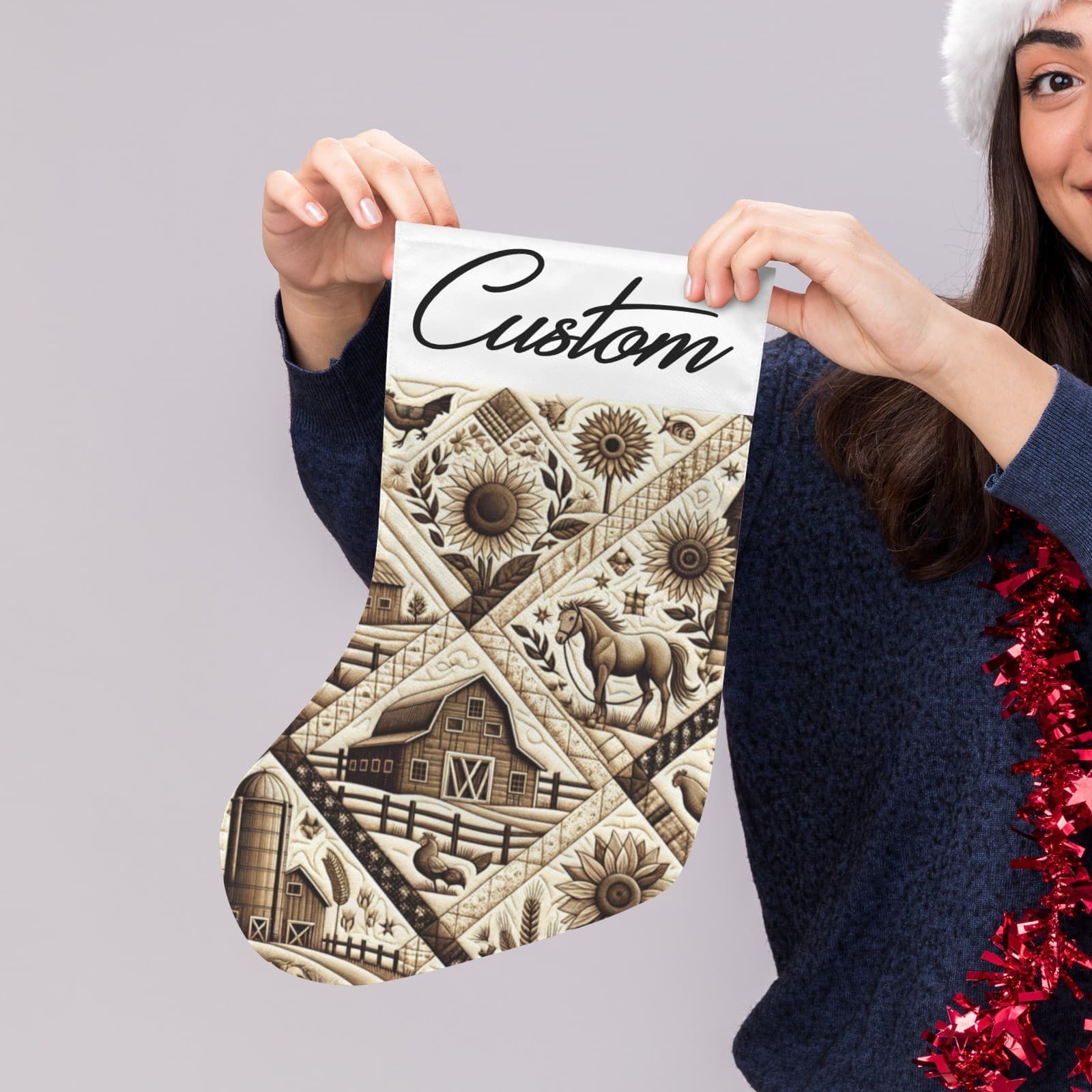 Rustic Quilt Look Polyester Christmas Stocking Personalized Name Holiday Gift - Thumbnail 3