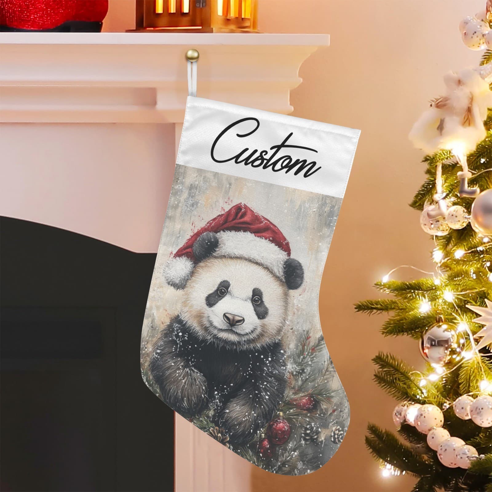 Custom Panda Christmas Stocking – Cute Santa Hat Panda Holiday Decor – Gift - Thumbnail 3