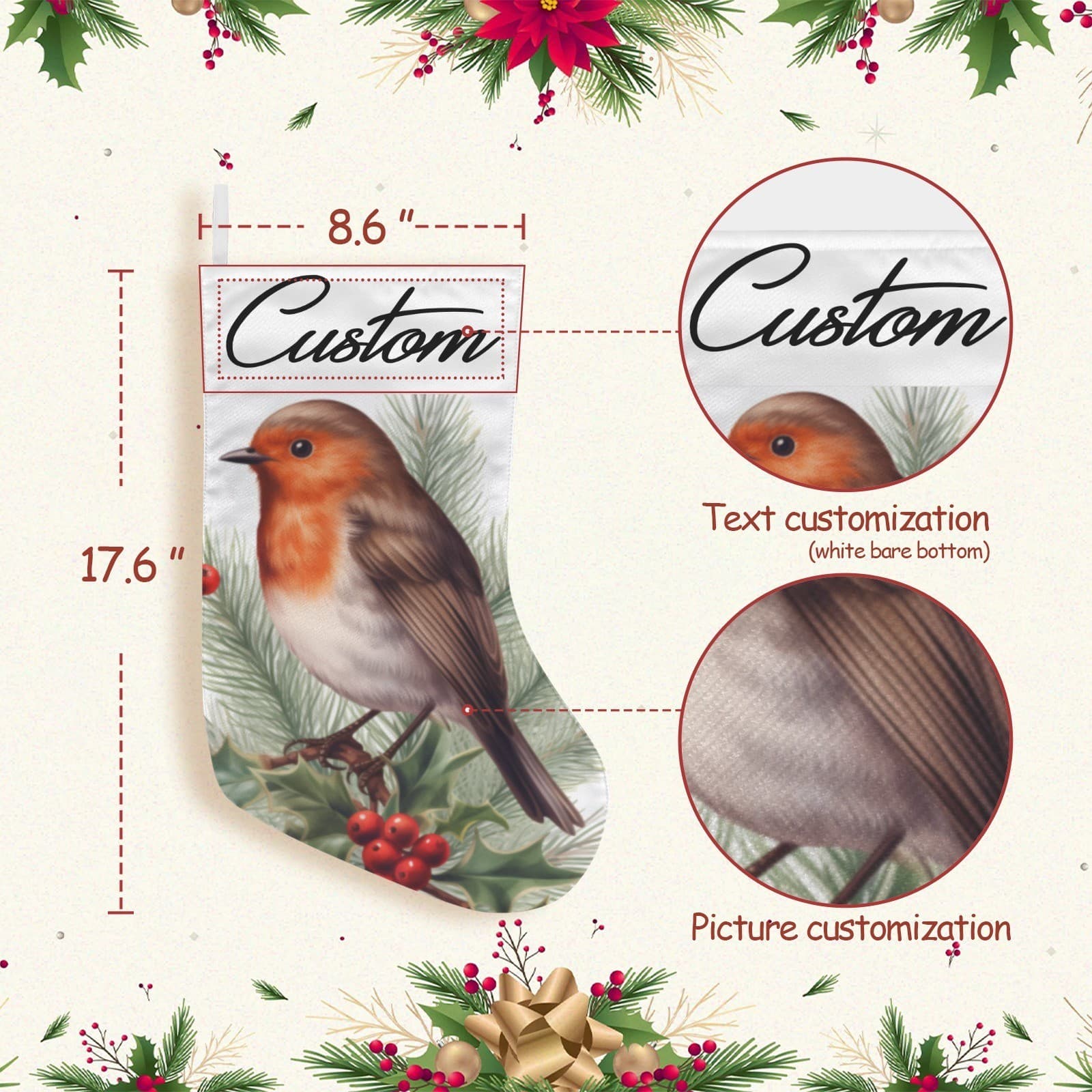 Custom Christmas Robin Stocking – Holiday Bird Decor, Personalized Xmas Gift - Thumbnail 3