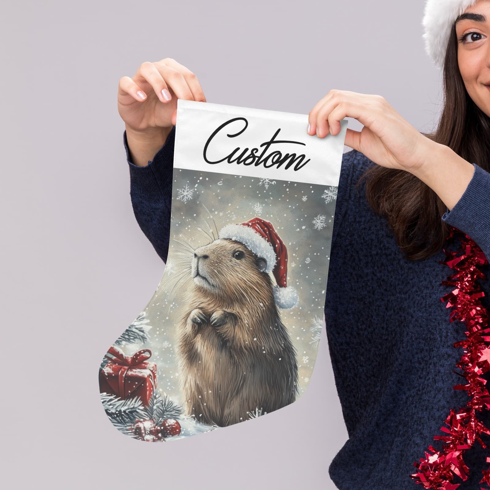 Custom Capybara Christmas Stocking Cute Holiday Gift Personalized Name Winter - Thumbnail 3
