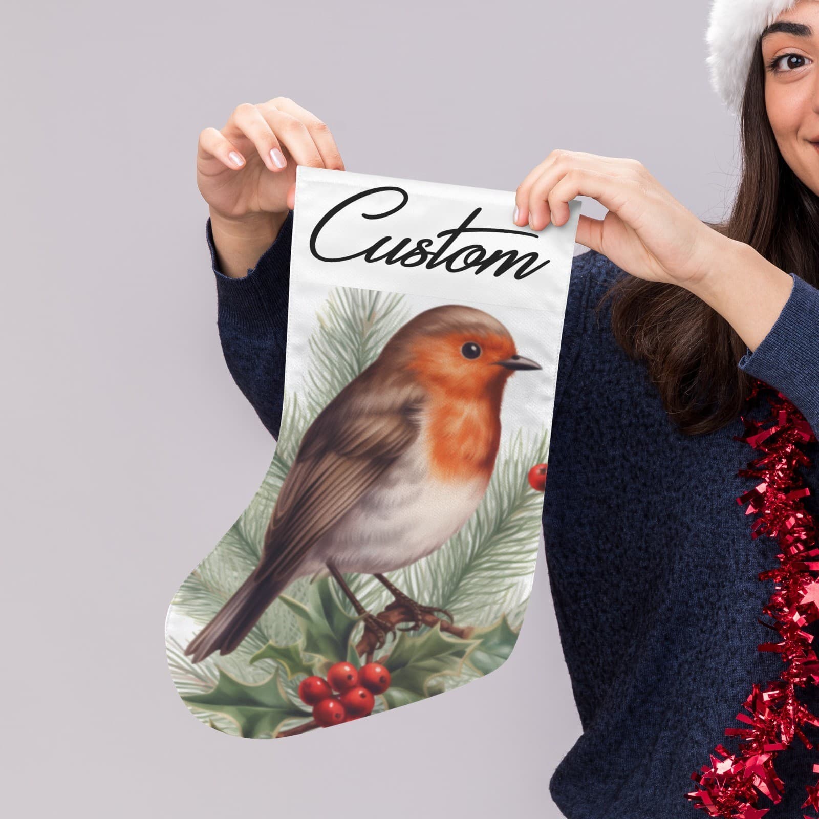 Custom Christmas Robin Stocking – Holiday Bird Decor, Personalized Xmas Gift - Thumbnail 2