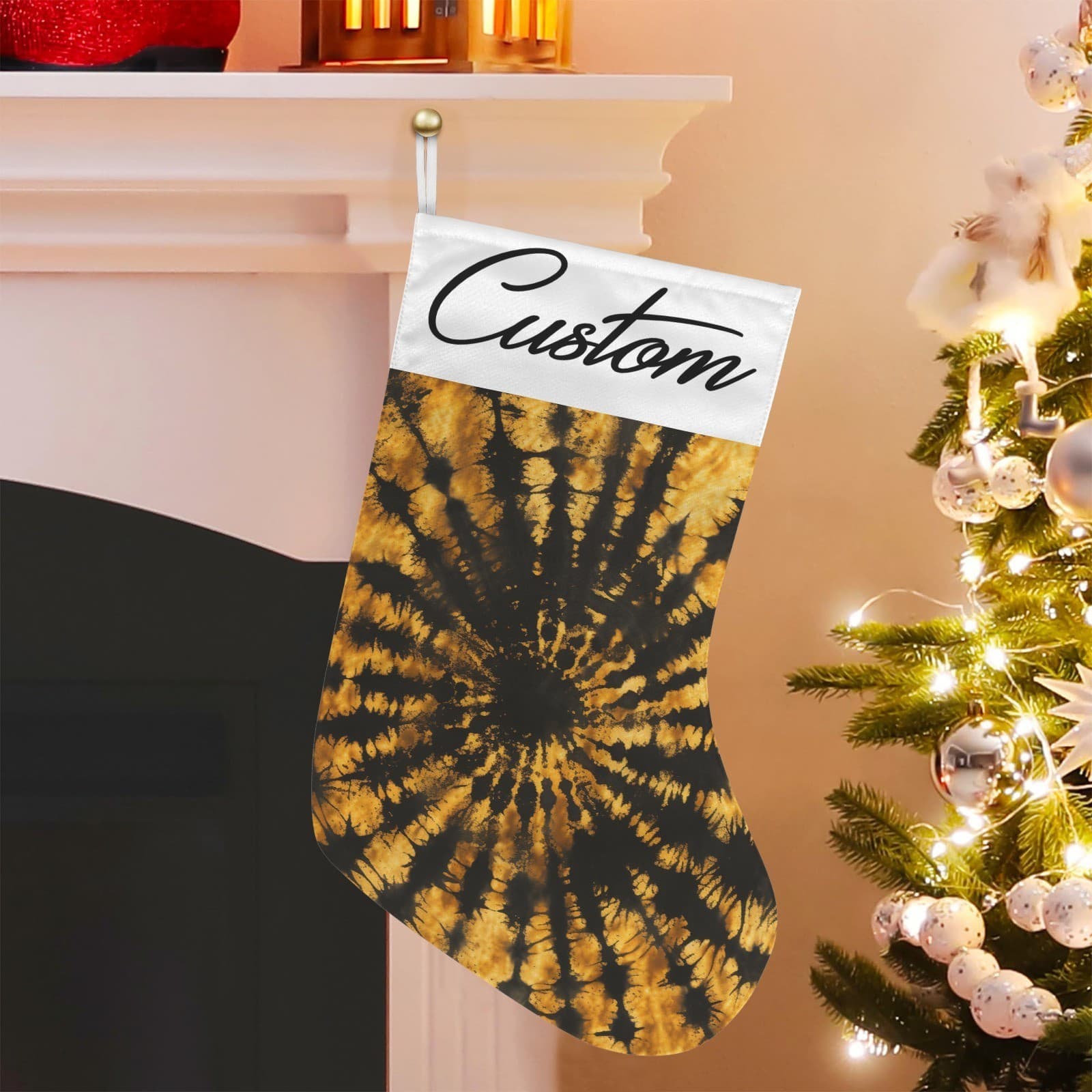 Custom Tie Dye Christmas Stocking Yellow Black Spiral – Personalized Name Hippie - Thumbnail 3