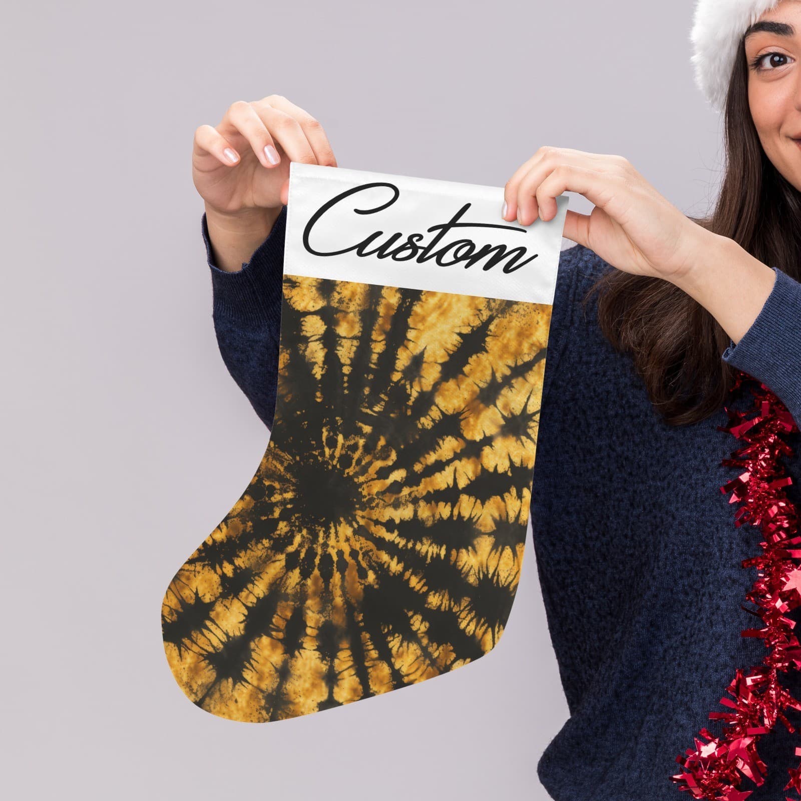 Custom Tie Dye Christmas Stocking Yellow Black Spiral – Personalized Name Hippie - Thumbnail 5