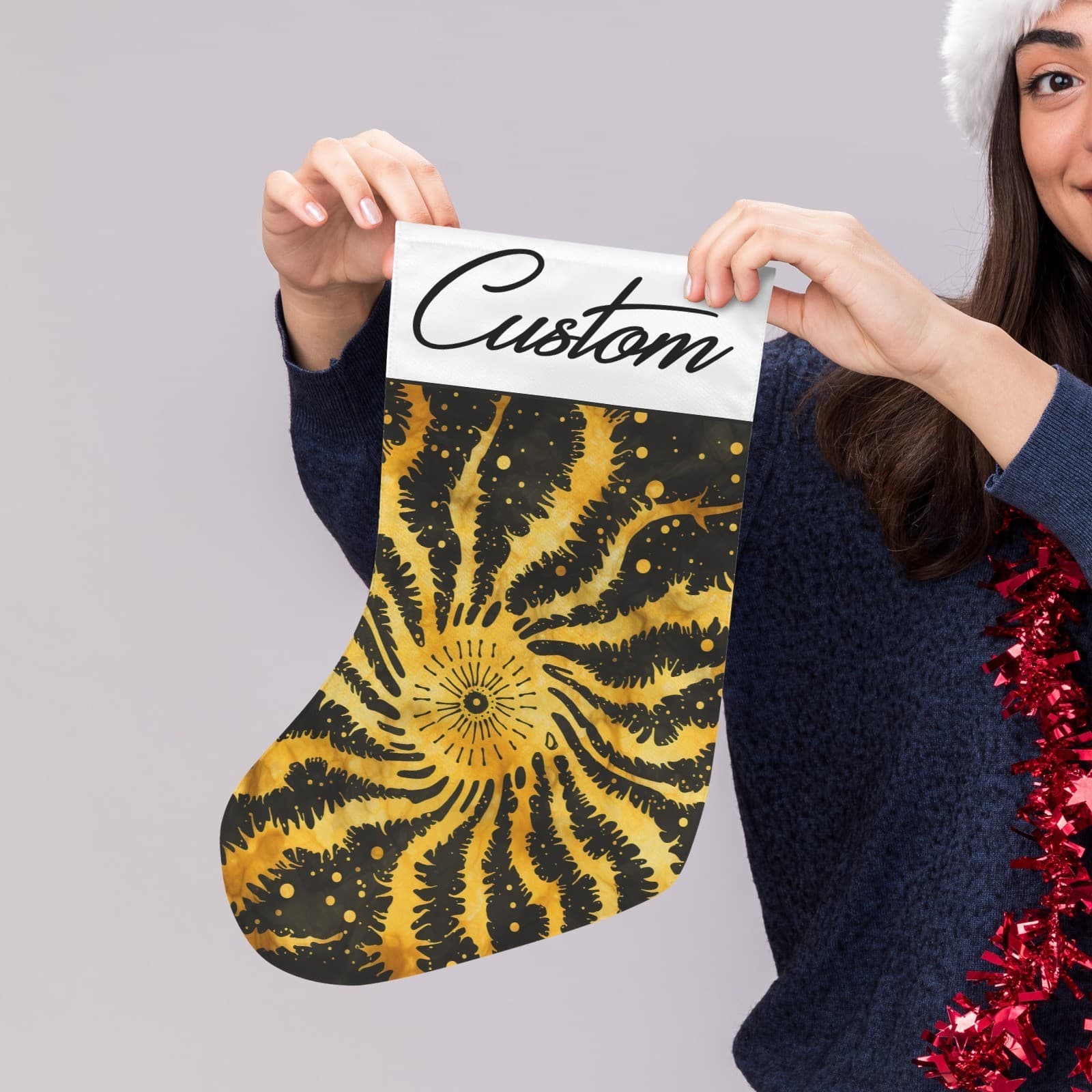 Custom Black Gold Tie Dye Christmas Stocking • Personalized Name • Boho Holiday - Thumbnail 3