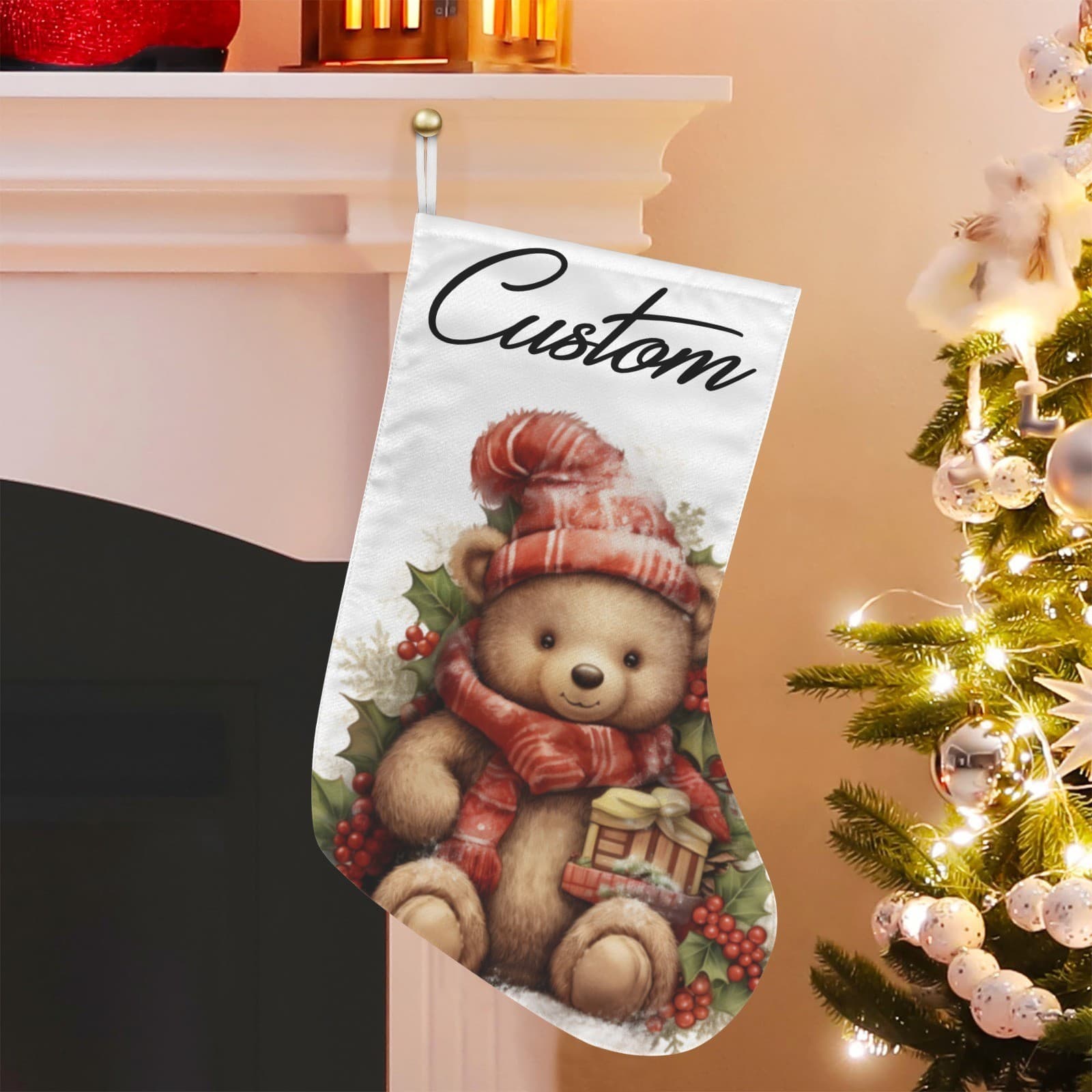 Custom Teddy Bear Christmas Stocking – Personalized Holiday Gift, Cute Winter De - Thumbnail 2