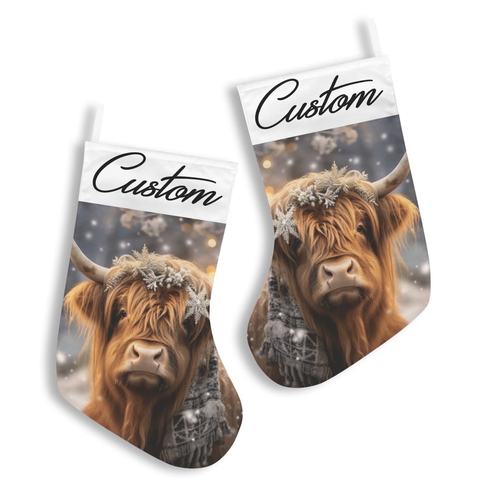 Custom Name Highland Cow Christmas Stocking – Rustic Farmhouse Holiday Decor - Thumbnail 4