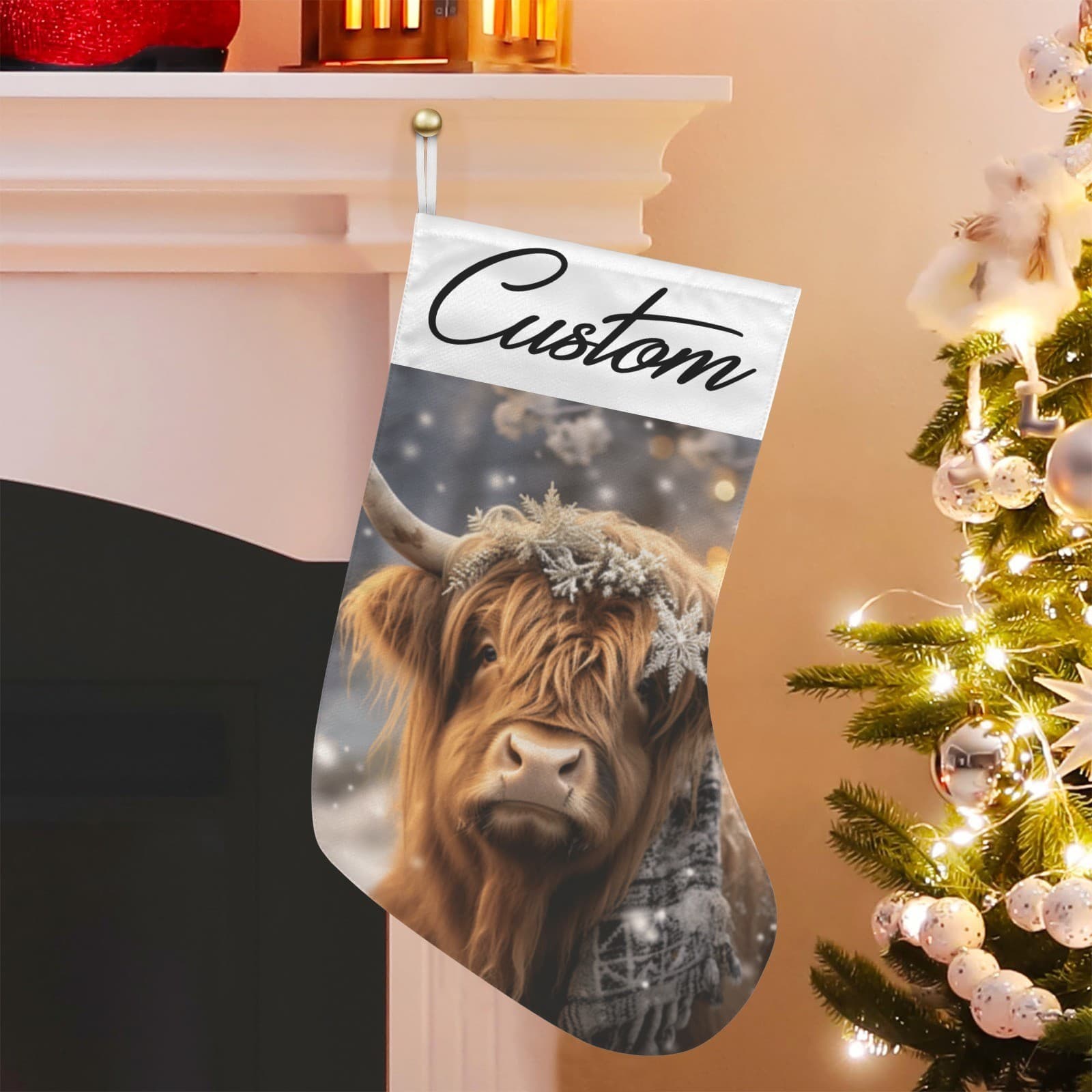 Custom Name Highland Cow Christmas Stocking – Rustic Farmhouse Holiday Decor - Thumbnail 2