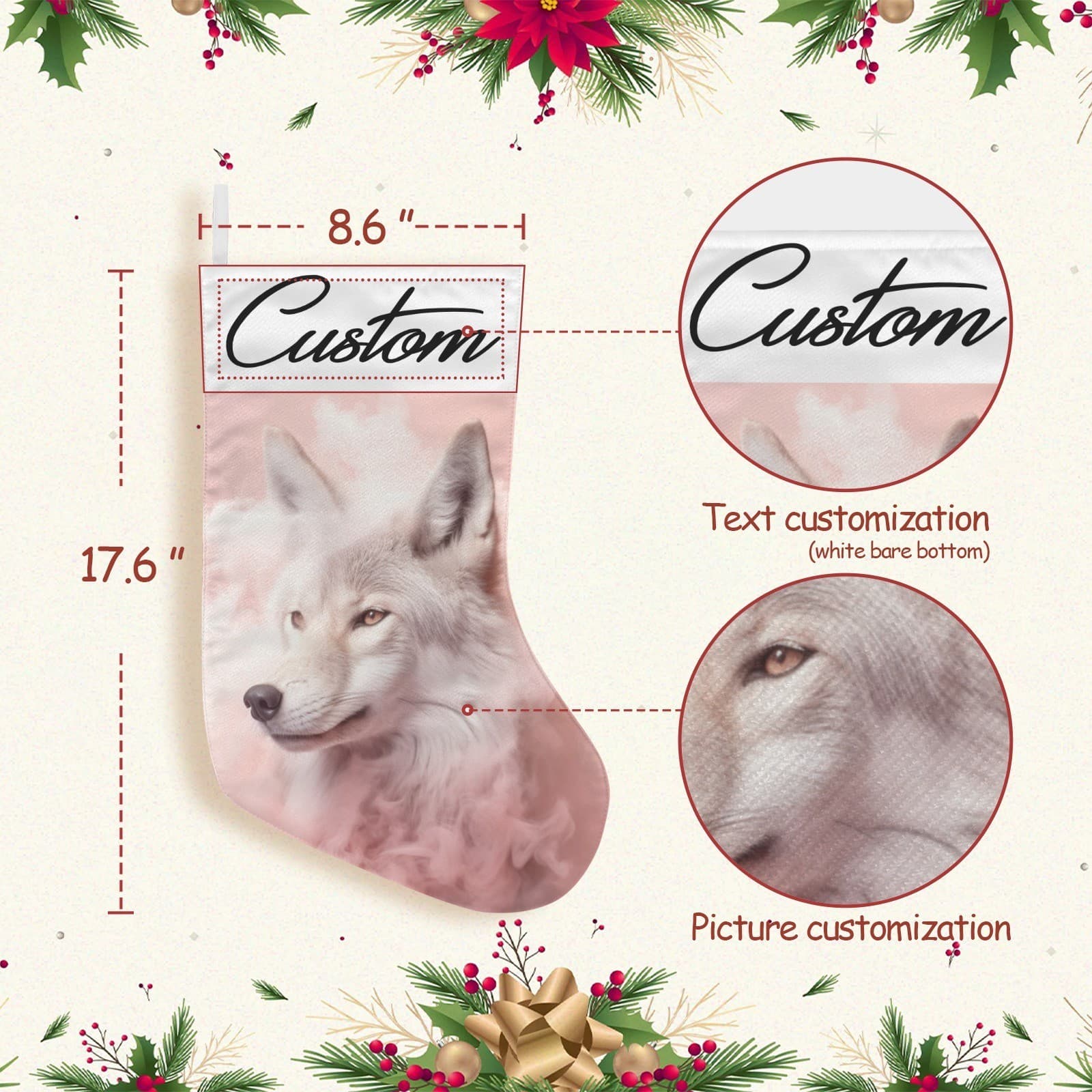Custom Pink Wolf Christmas Stocking White Wolf in Pink Clouds Personalized Gift - Thumbnail 3