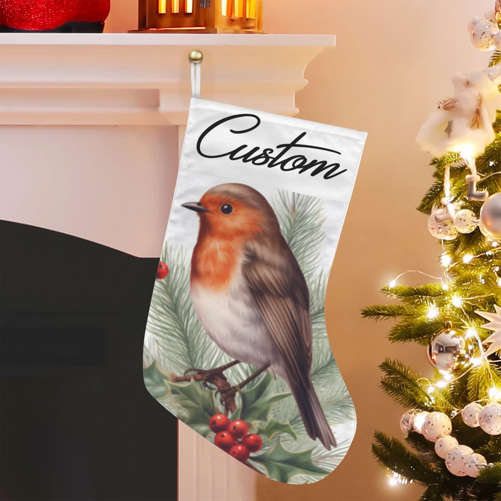 Custom Christmas Robin Stocking – Holiday Bird Decor, Personalized Xmas Gift - Thumbnail 4