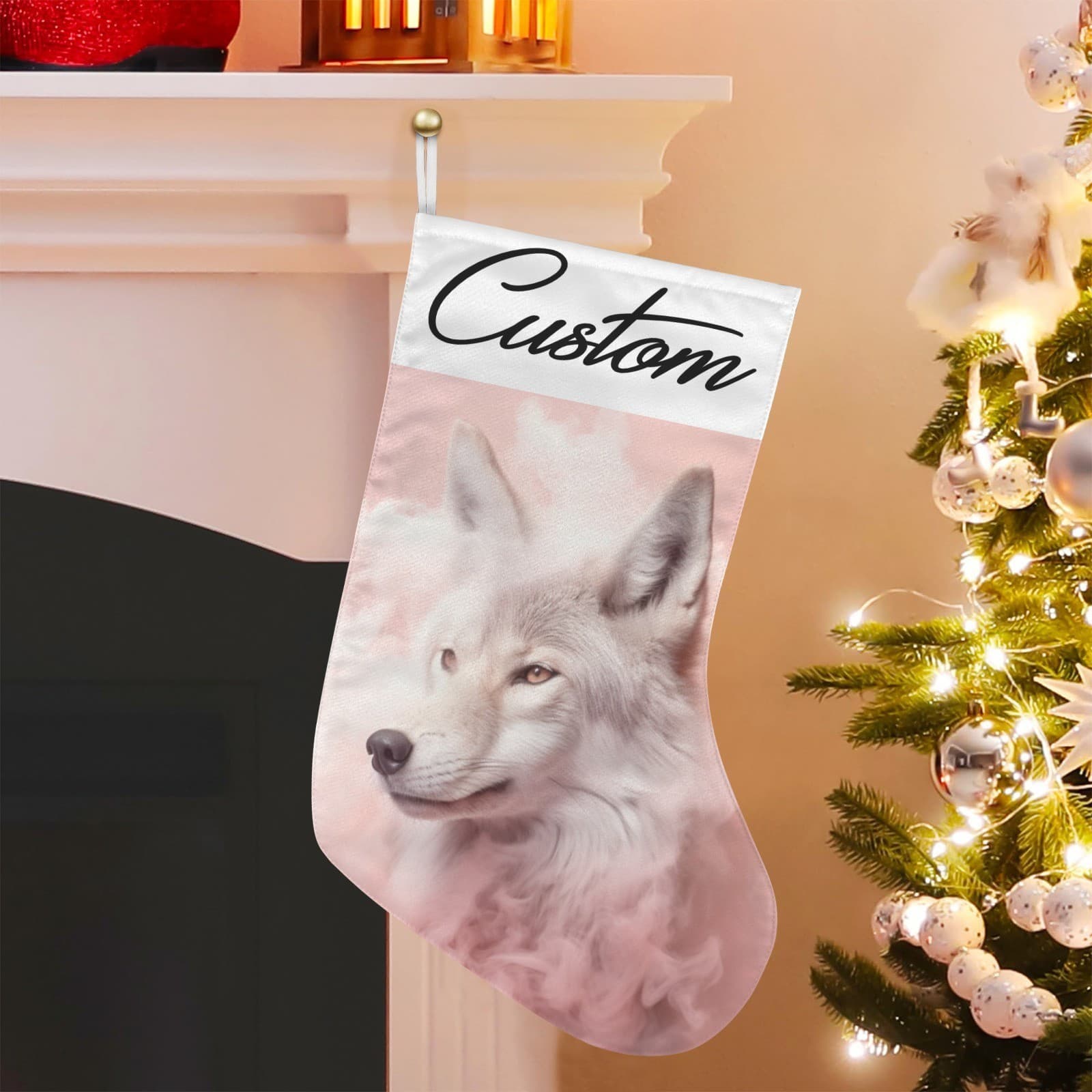 Custom Pink Wolf Christmas Stocking White Wolf in Pink Clouds Personalized Gift - Thumbnail 5