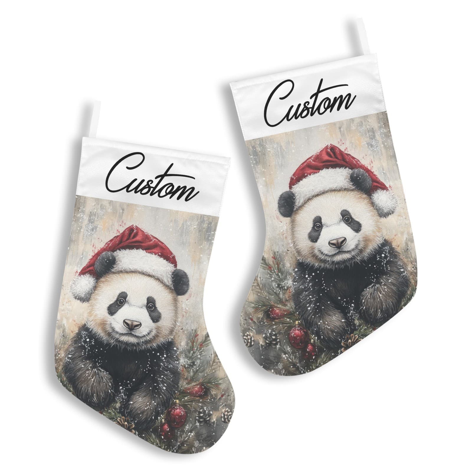 Custom Panda Christmas Stocking – Cute Santa Hat Panda Holiday Decor – Gift - Thumbnail 4