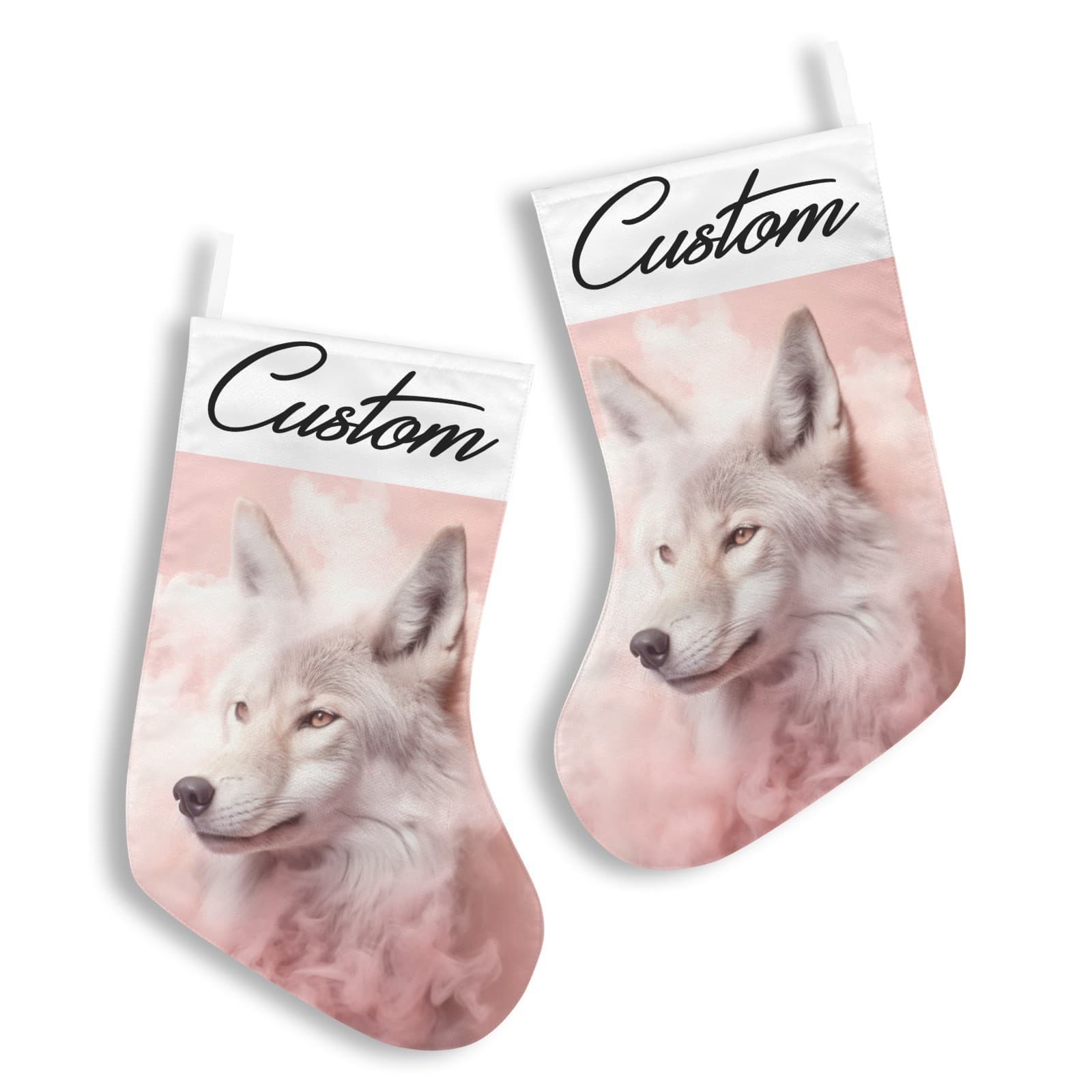 Custom Pink Wolf Christmas Stocking White Wolf in Pink Clouds Personalized Gift - Thumbnail 2