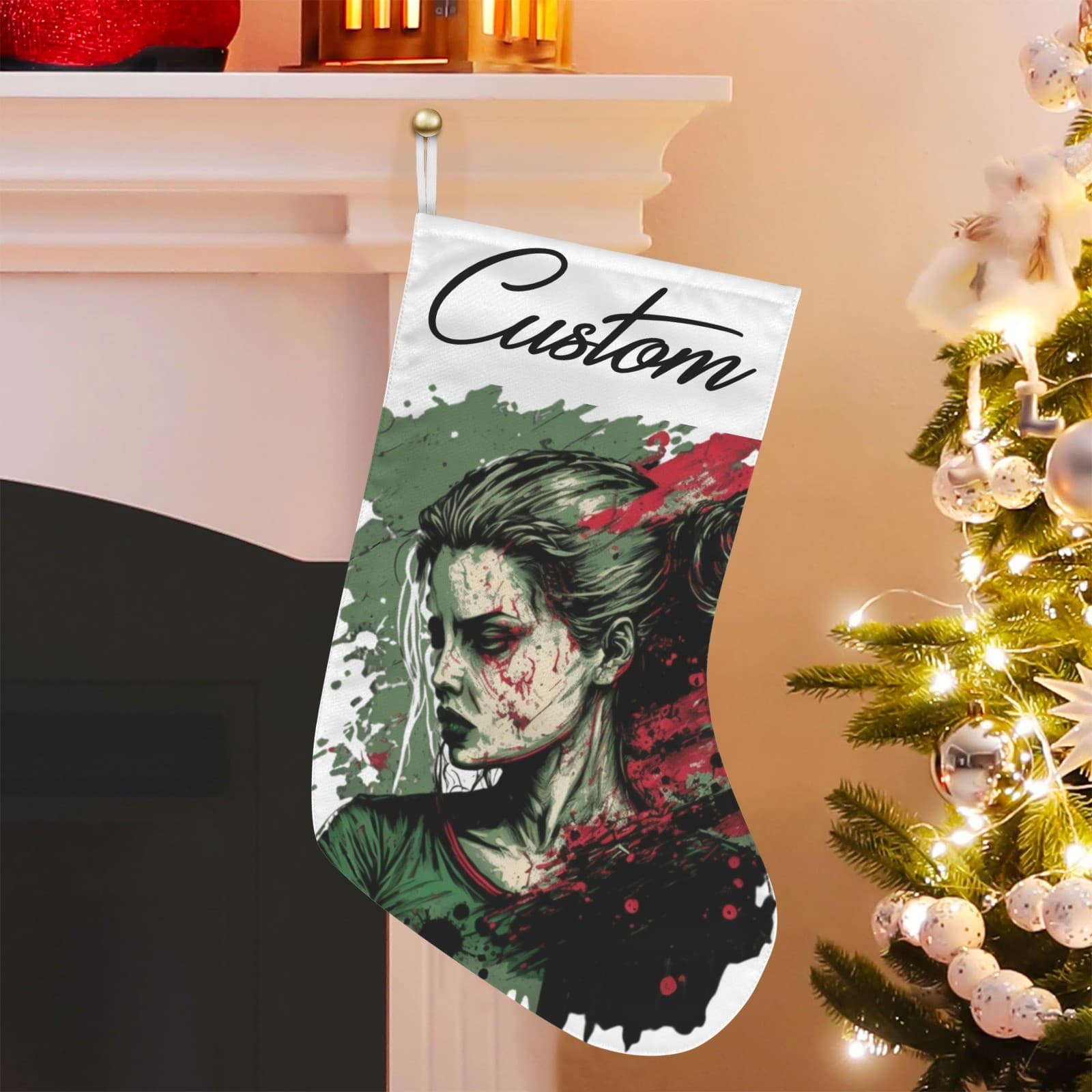 Custom Horror Woman Christmas Stocking • Dark Zombie Art • Personalized Name • - Thumbnail 3