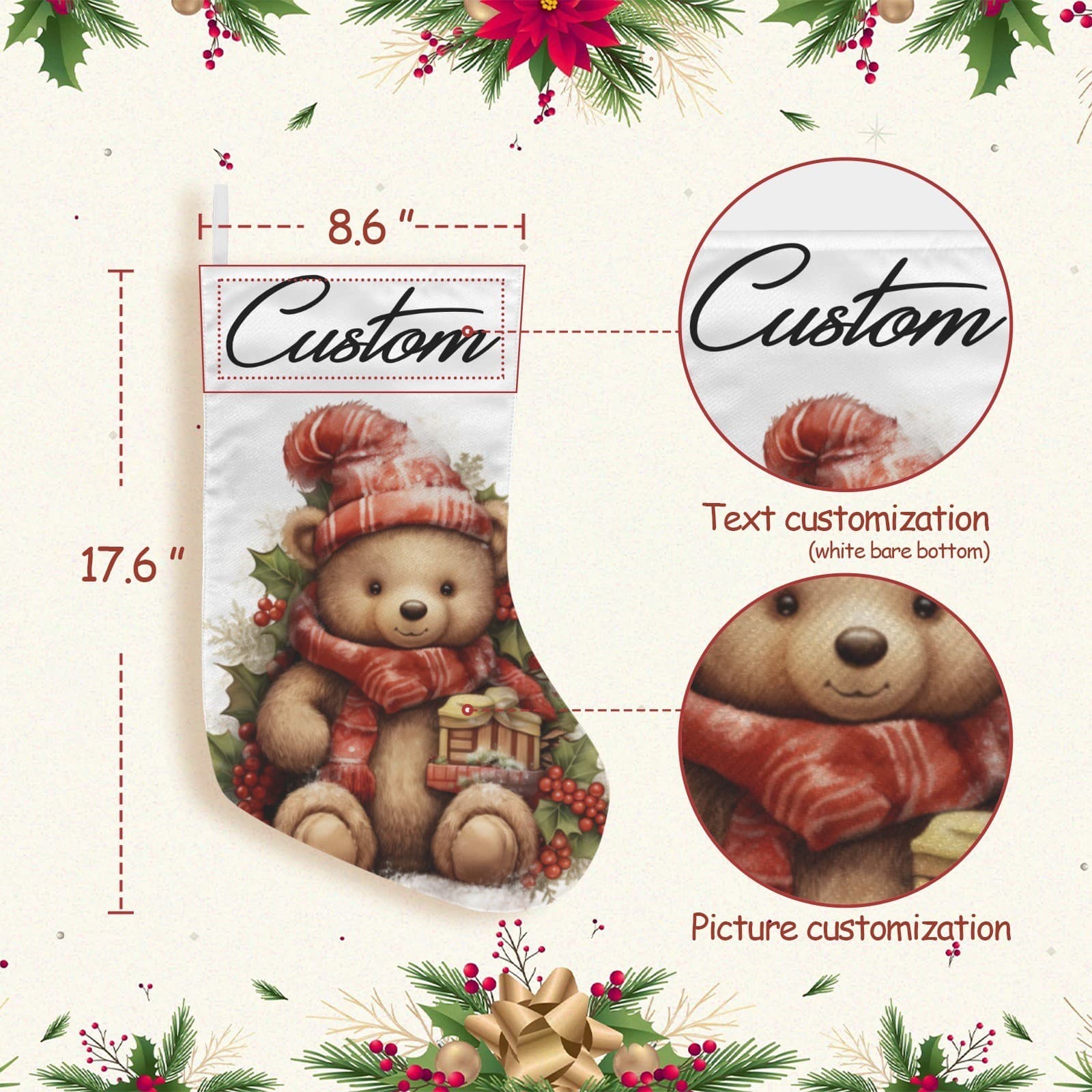 Custom Teddy Bear Christmas Stocking – Personalized Holiday Gift, Cute Winter De - Thumbnail 3