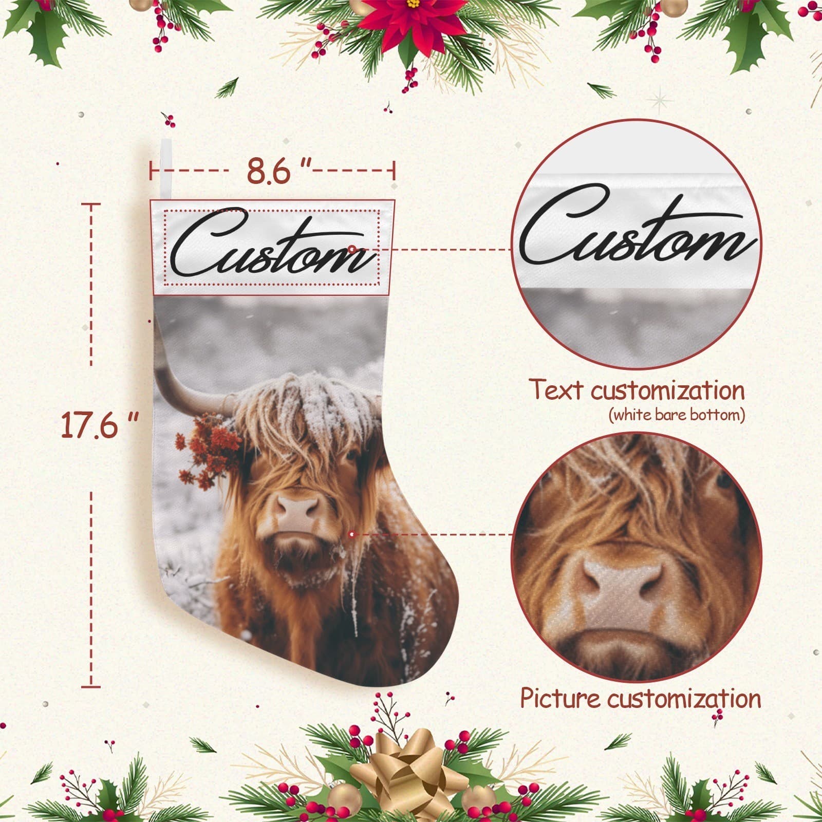 Custom Name Highland Cow Christmas Stocking Snowy Rustic Farmhouse Decor - Thumbnail 4