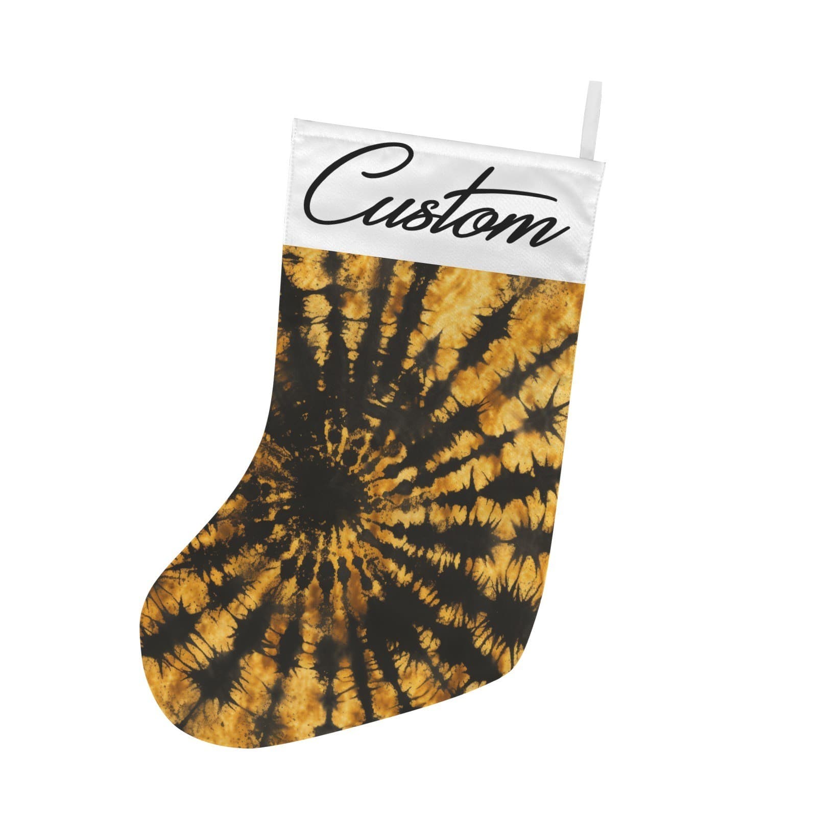 Custom Tie Dye Christmas Stocking Yellow Black Spiral – Personalized Name Hippie - Thumbnail 2