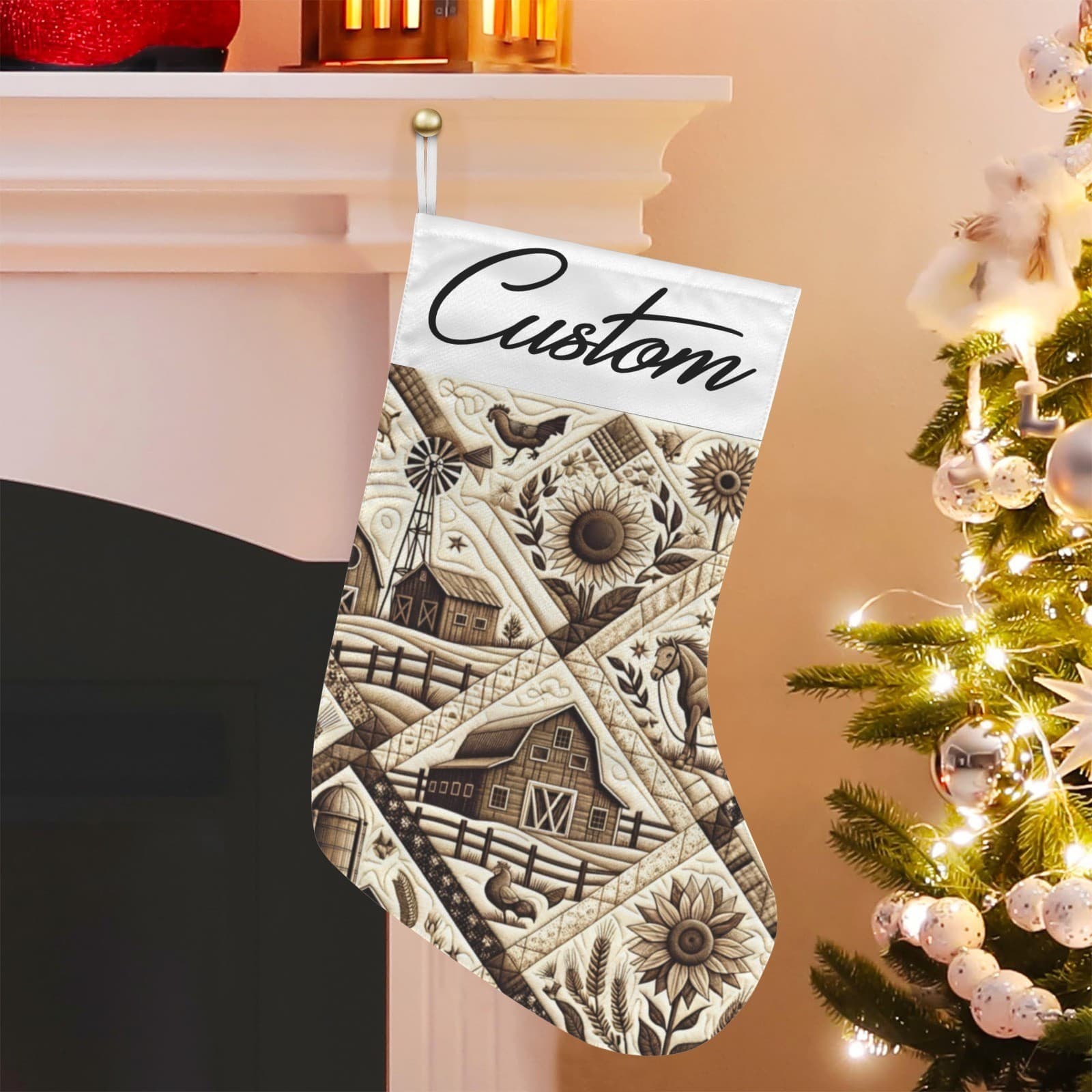 Rustic Quilt Look Polyester Christmas Stocking Personalized Name Holiday Gift - Thumbnail 4