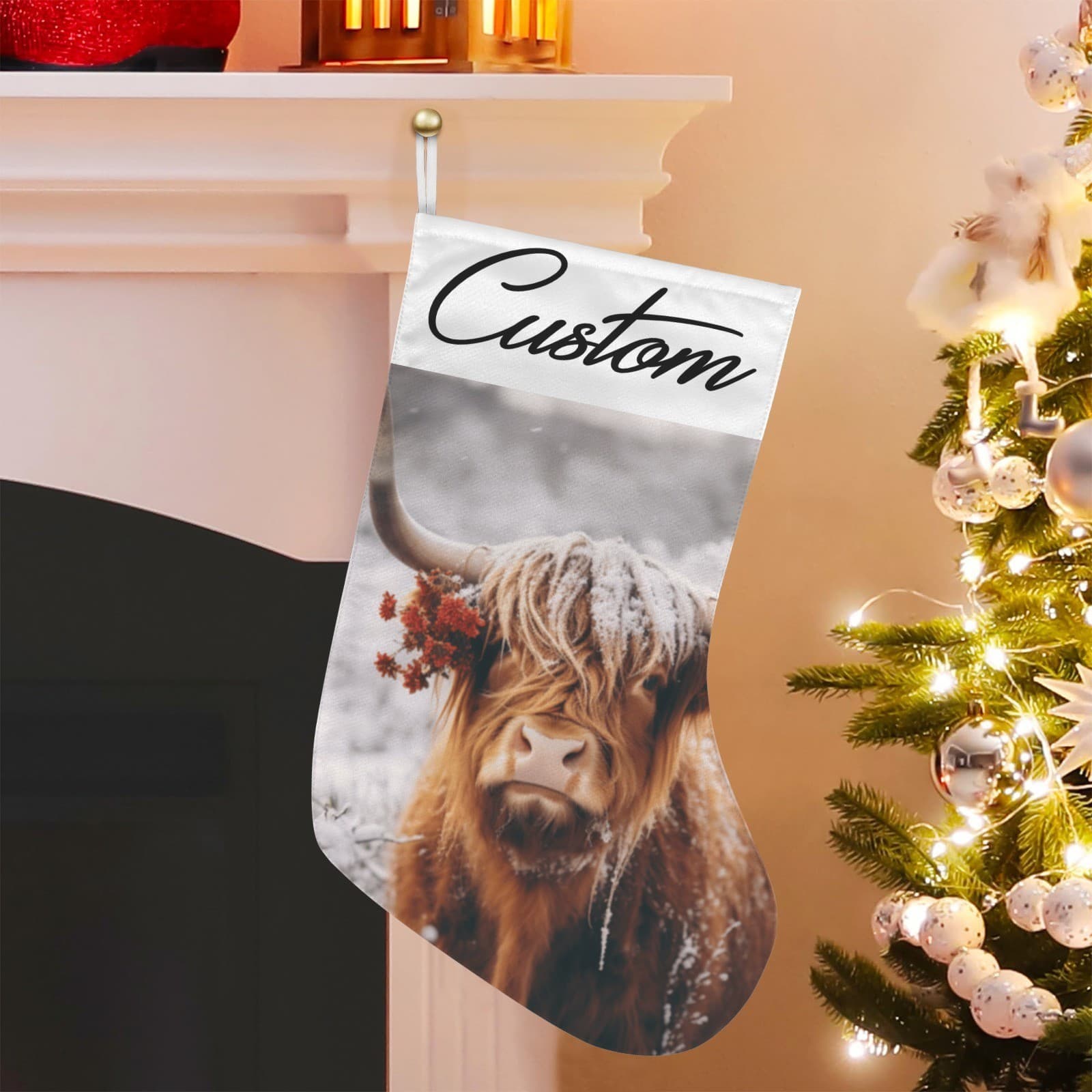Custom Name Highland Cow Christmas Stocking Snowy Rustic Farmhouse Decor - Thumbnail 2