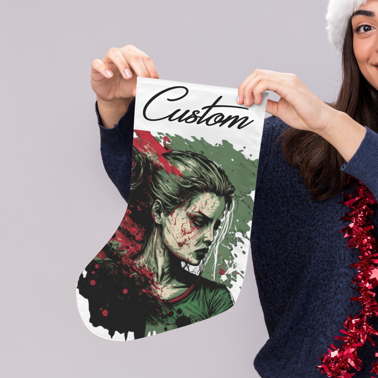 Custom Horror Woman Christmas Stocking • Dark Zombie Art • Personalized Name • - Thumbnail 2