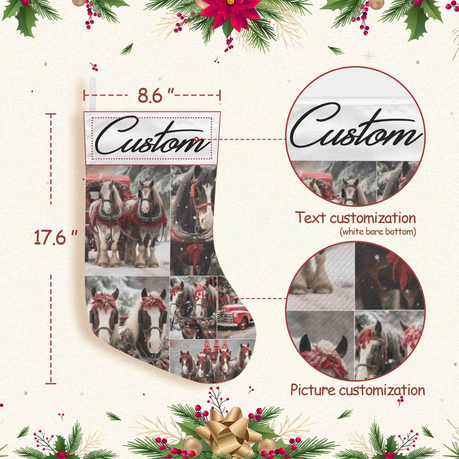 Custom Christmas Stocking – Horse & Sleigh Winter Collage Holiday Decor, Persona - Thumbnail 5