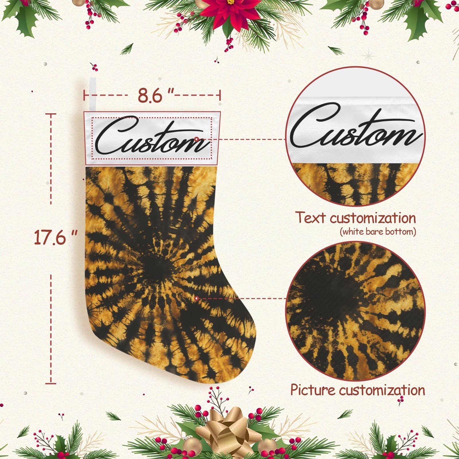 Custom Tie Dye Christmas Stocking Yellow Black Spiral – Personalized Name Hippie - Thumbnail 4