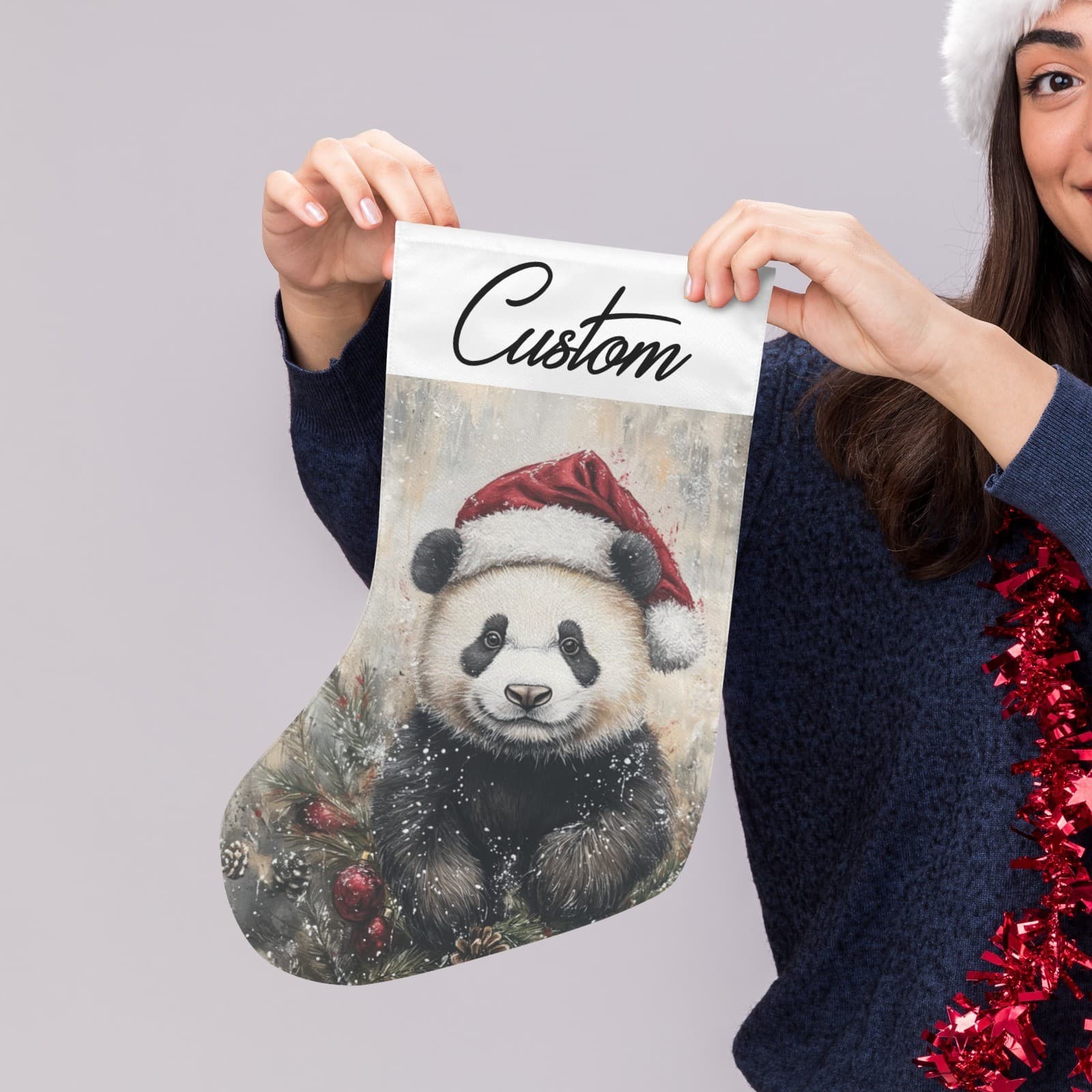 Custom Panda Christmas Stocking – Cute Santa Hat Panda Holiday Decor – Gift - Thumbnail 5
