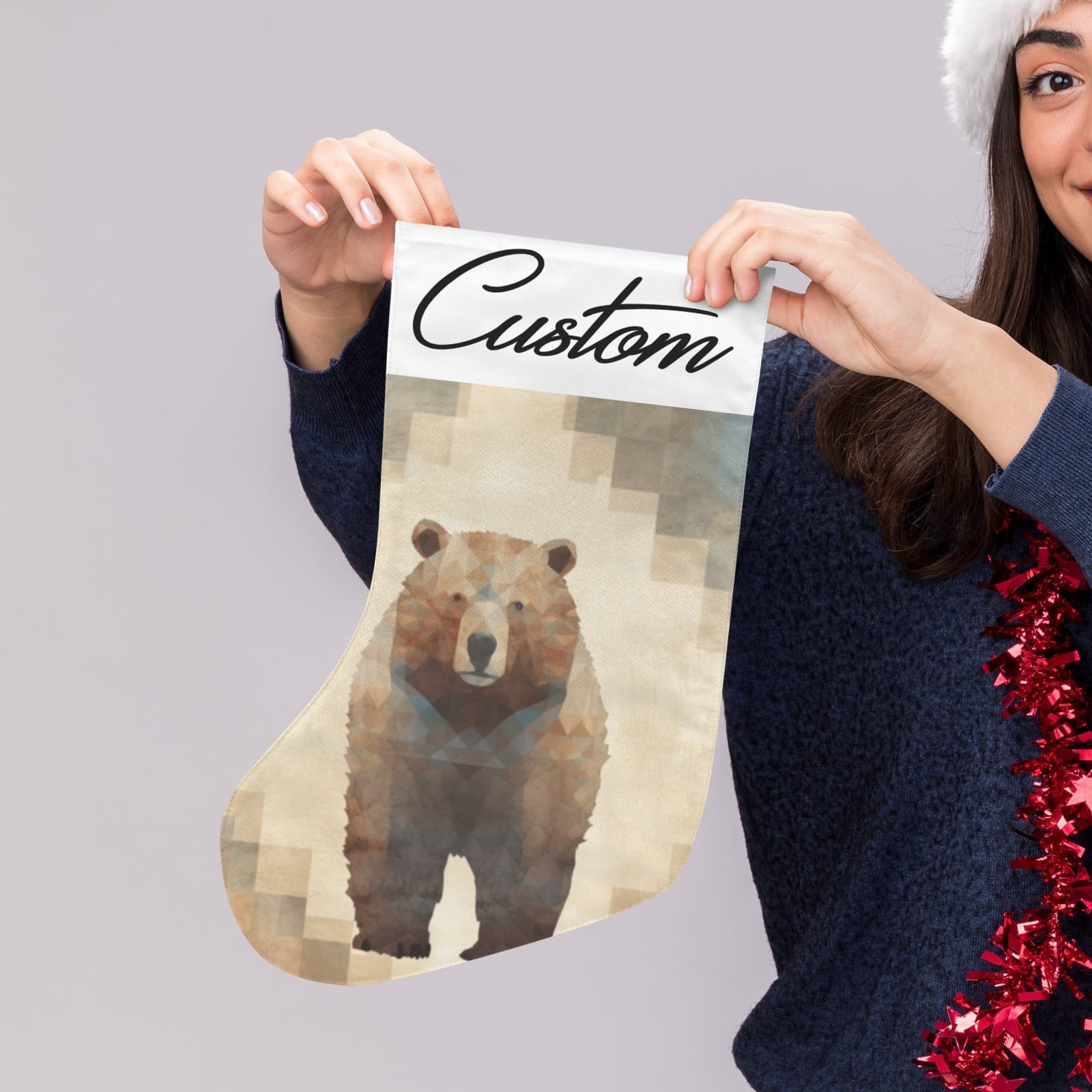 Custom Bear Christmas Stocking Rustic Cabin Decor – Personalized Name Geometric - Thumbnail 5