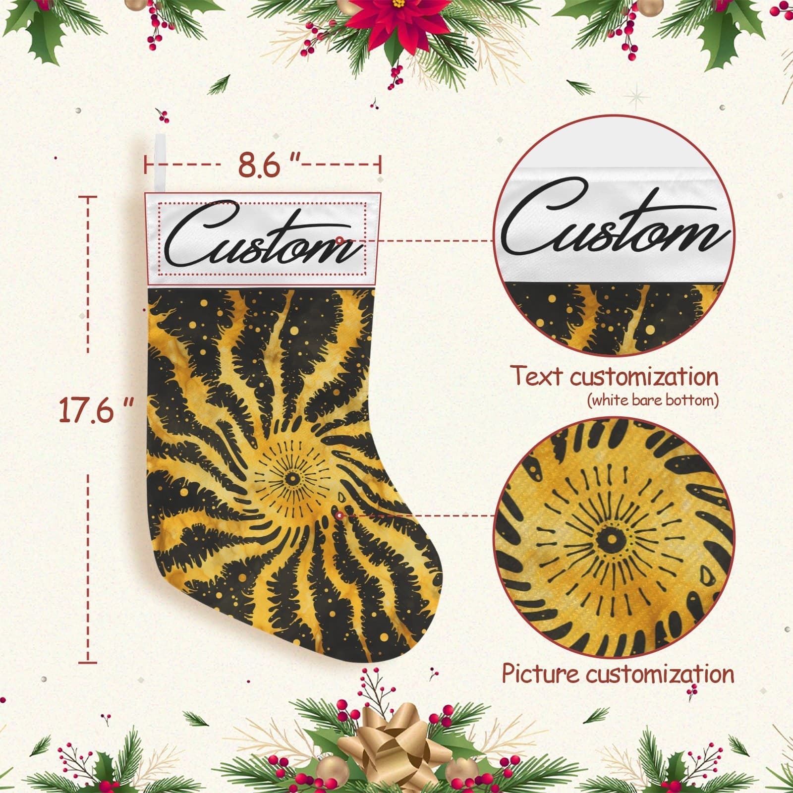 Custom Black Gold Tie Dye Christmas Stocking • Personalized Name • Boho Holiday - Thumbnail 4