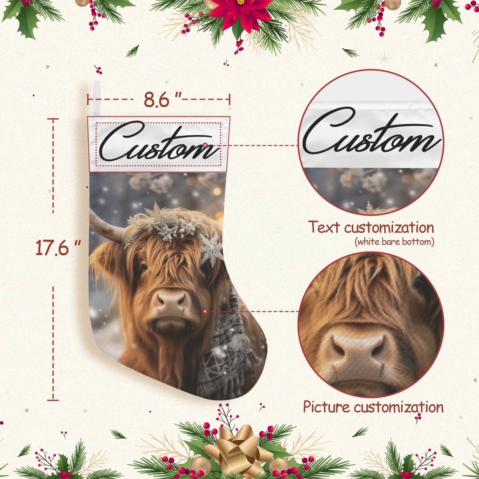 Custom Name Highland Cow Christmas Stocking – Rustic Farmhouse Holiday Decor - Thumbnail 5