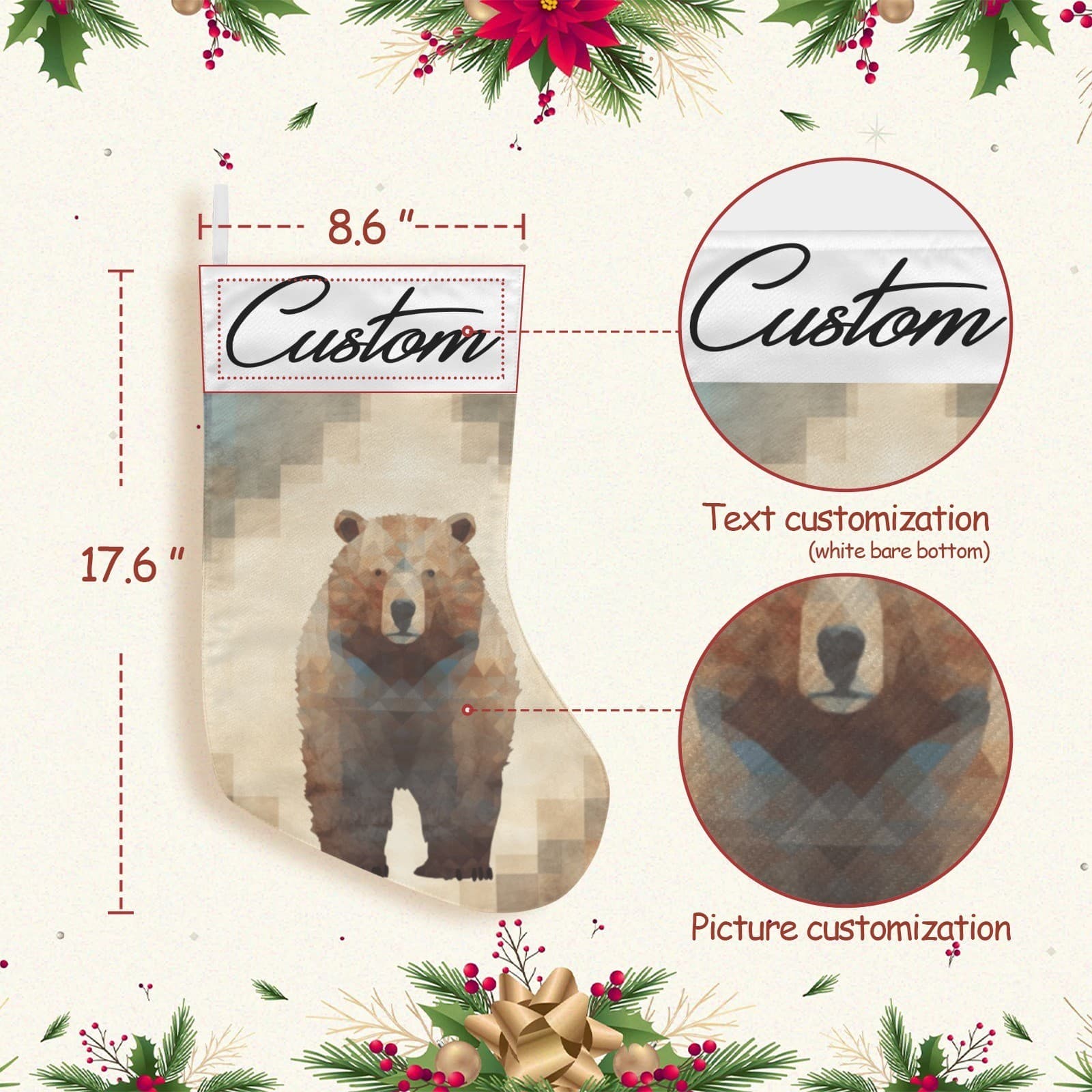 Custom Bear Christmas Stocking Rustic Cabin Decor – Personalized Name Geometric - Thumbnail 2
