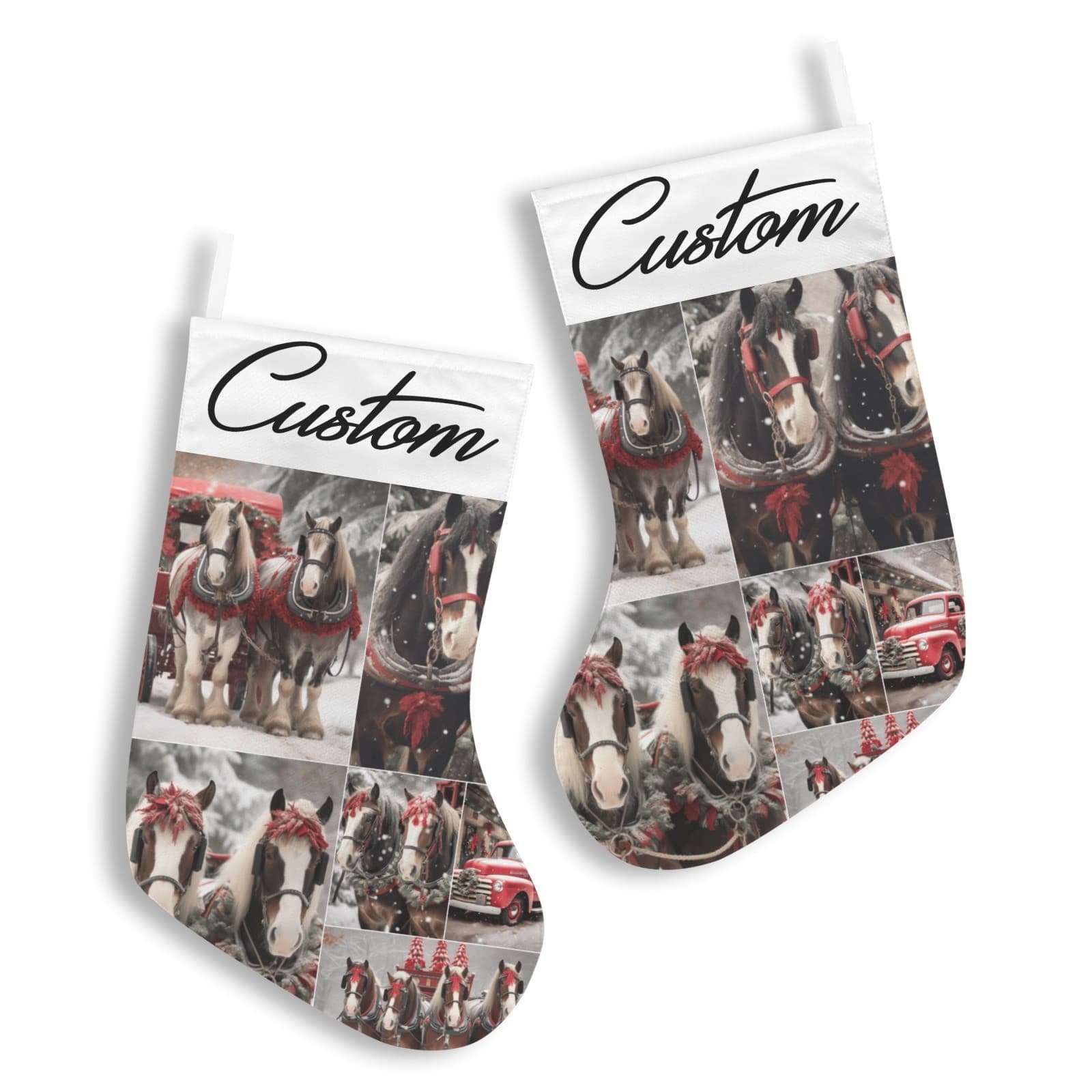 Custom Christmas Stocking – Horse & Sleigh Winter Collage Holiday Decor, Persona - Thumbnail 3