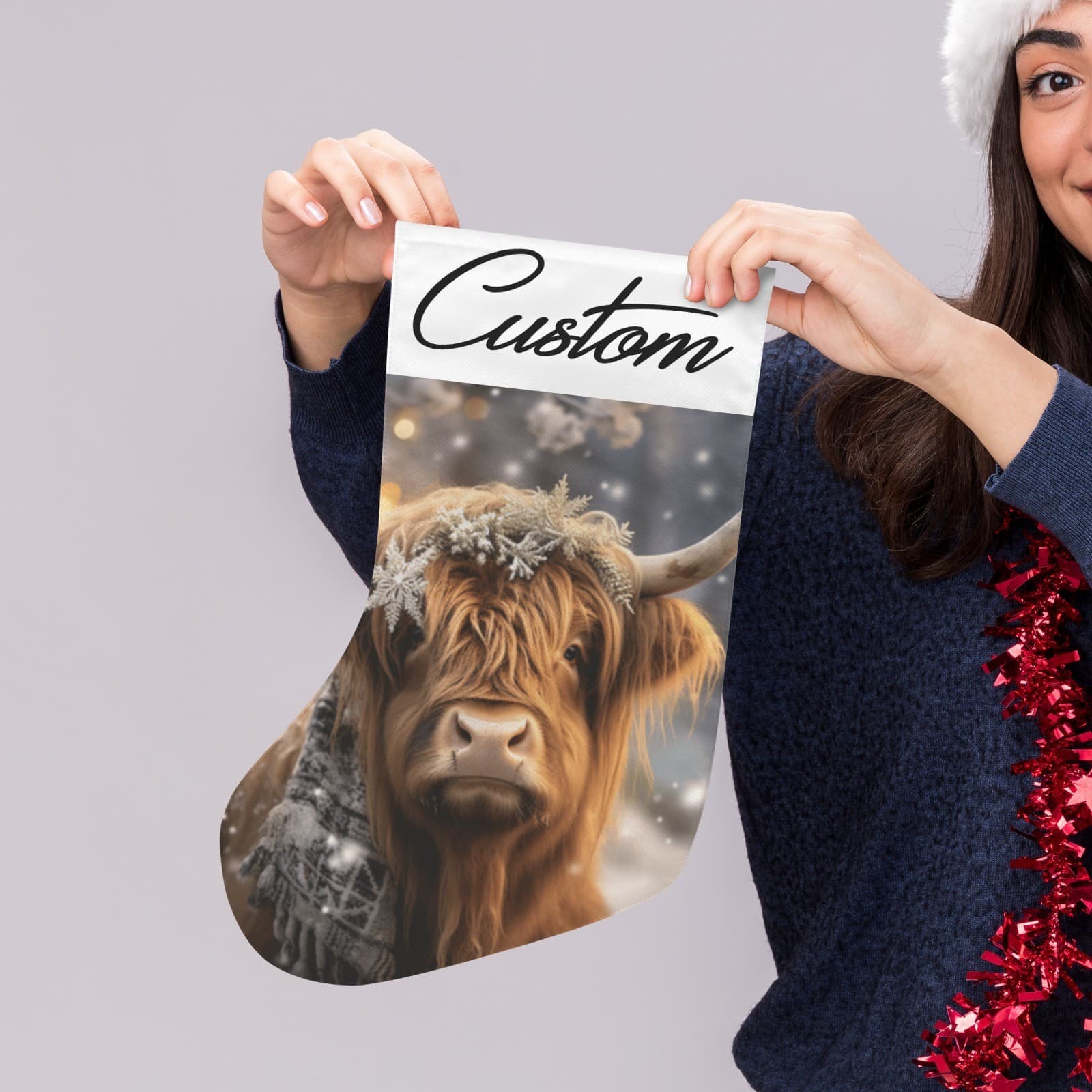 Custom Name Highland Cow Christmas Stocking – Rustic Farmhouse Holiday Decor - Thumbnail 3